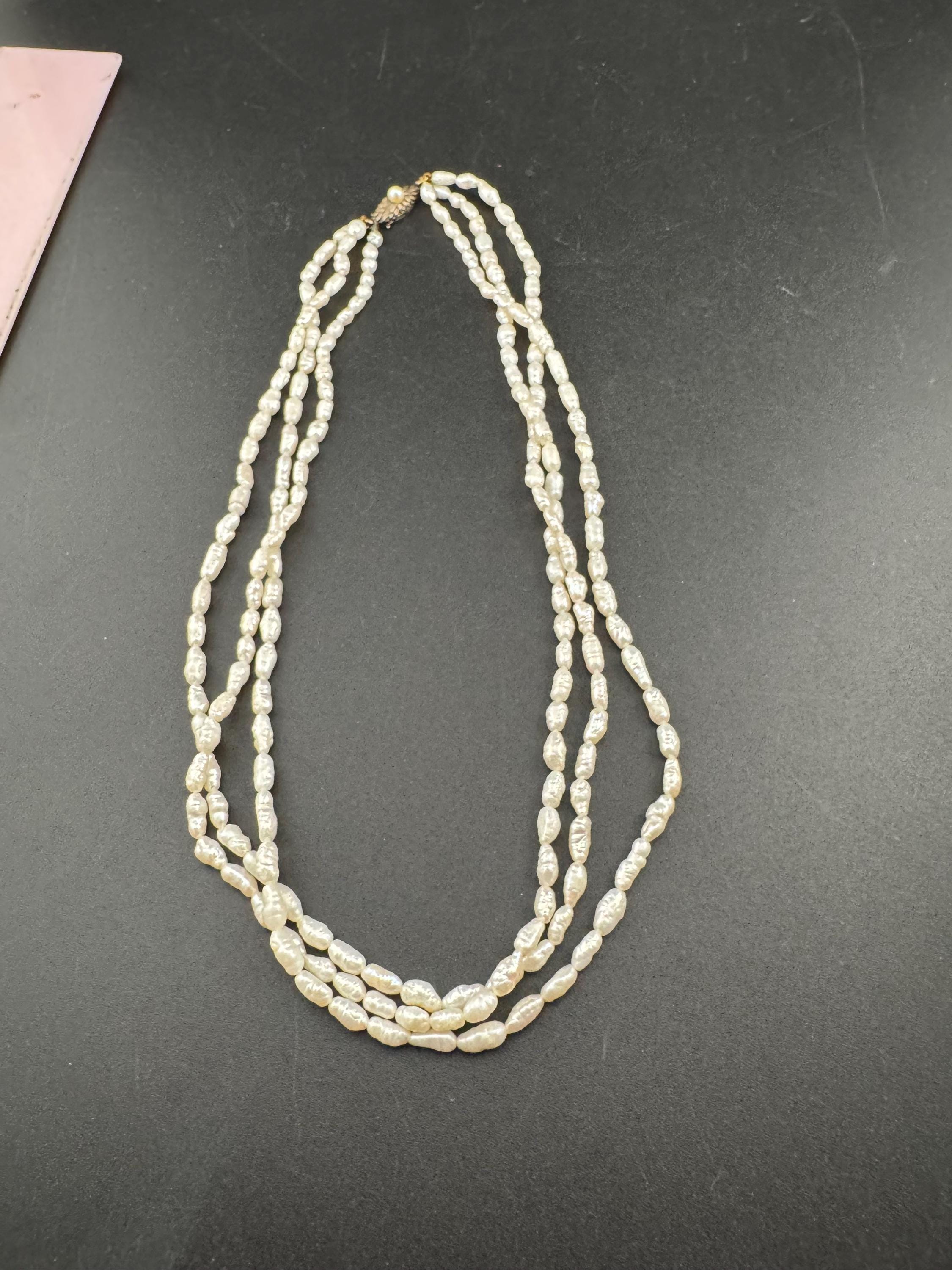 Vintage 3 row natural real freshwater rice Pearl seed beaded necklace with 925 silver clasp 45cm