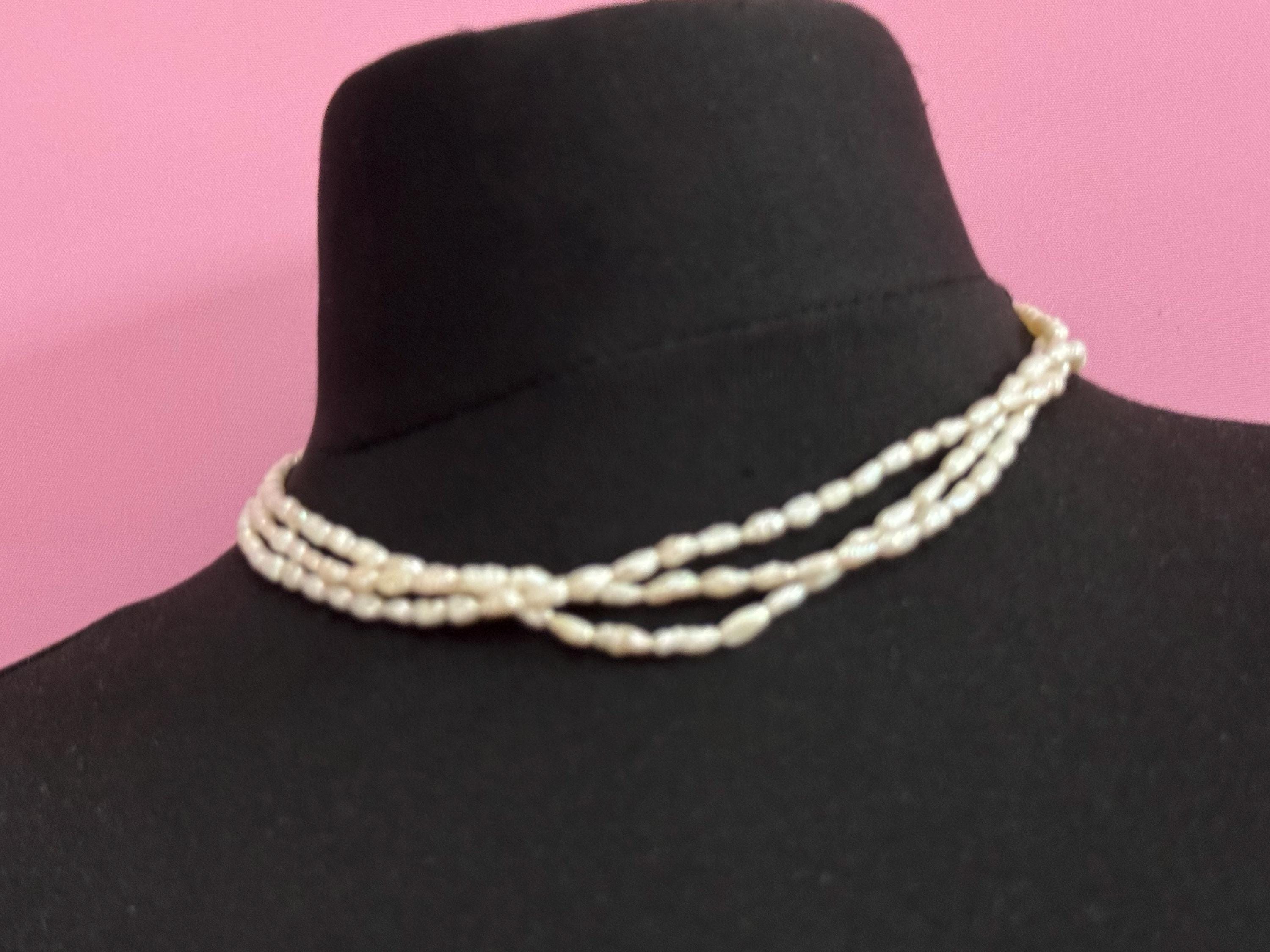 Vintage 3 row natural real freshwater rice Pearl seed beaded necklace with 925 silver clasp 45cm