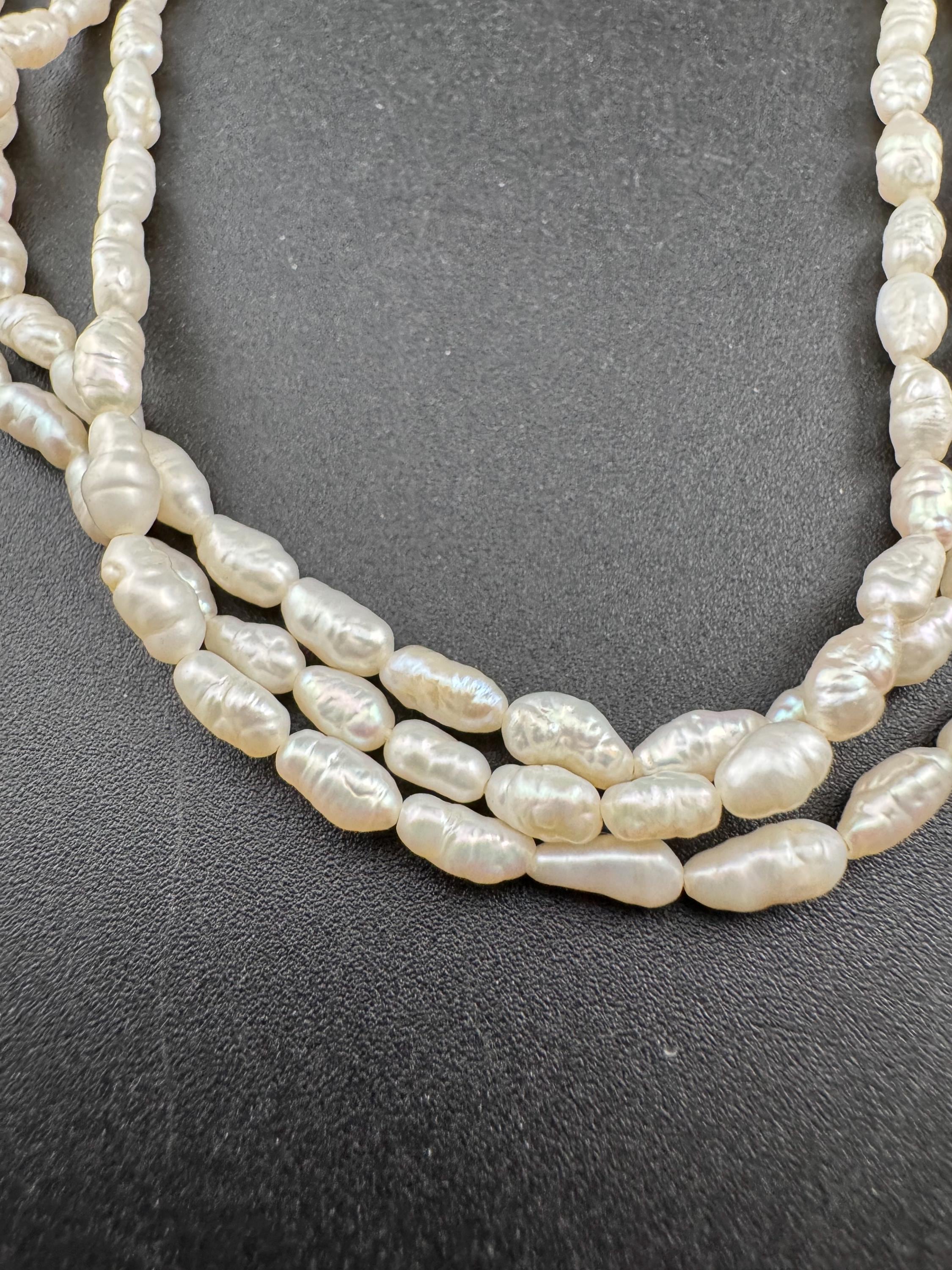 Vintage 3 row natural real freshwater rice Pearl seed beaded necklace with 925 silver clasp 45cm
