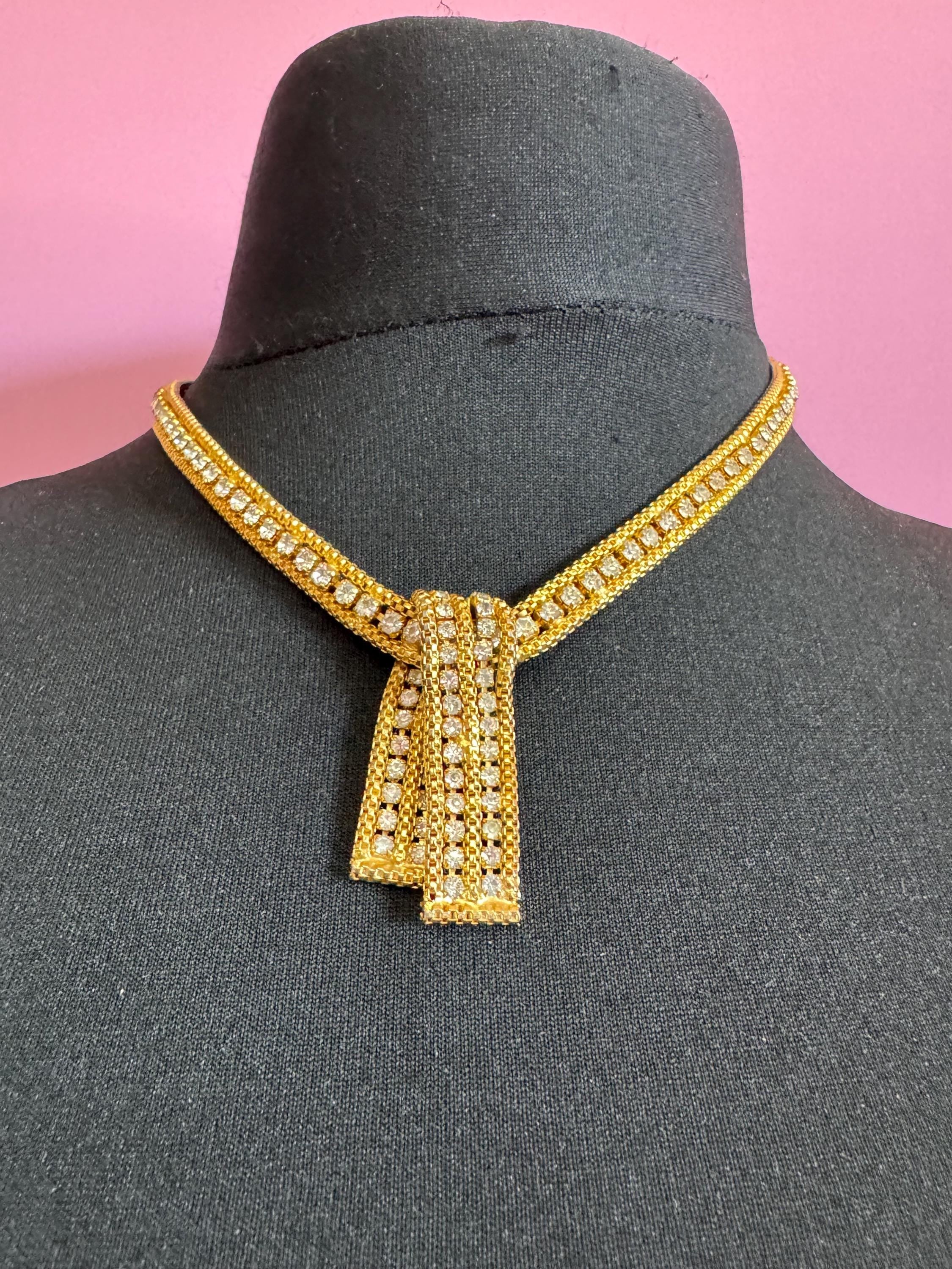 Vintage penino gold tone mesh & Clear paste diamanté waterfall lariat necklace