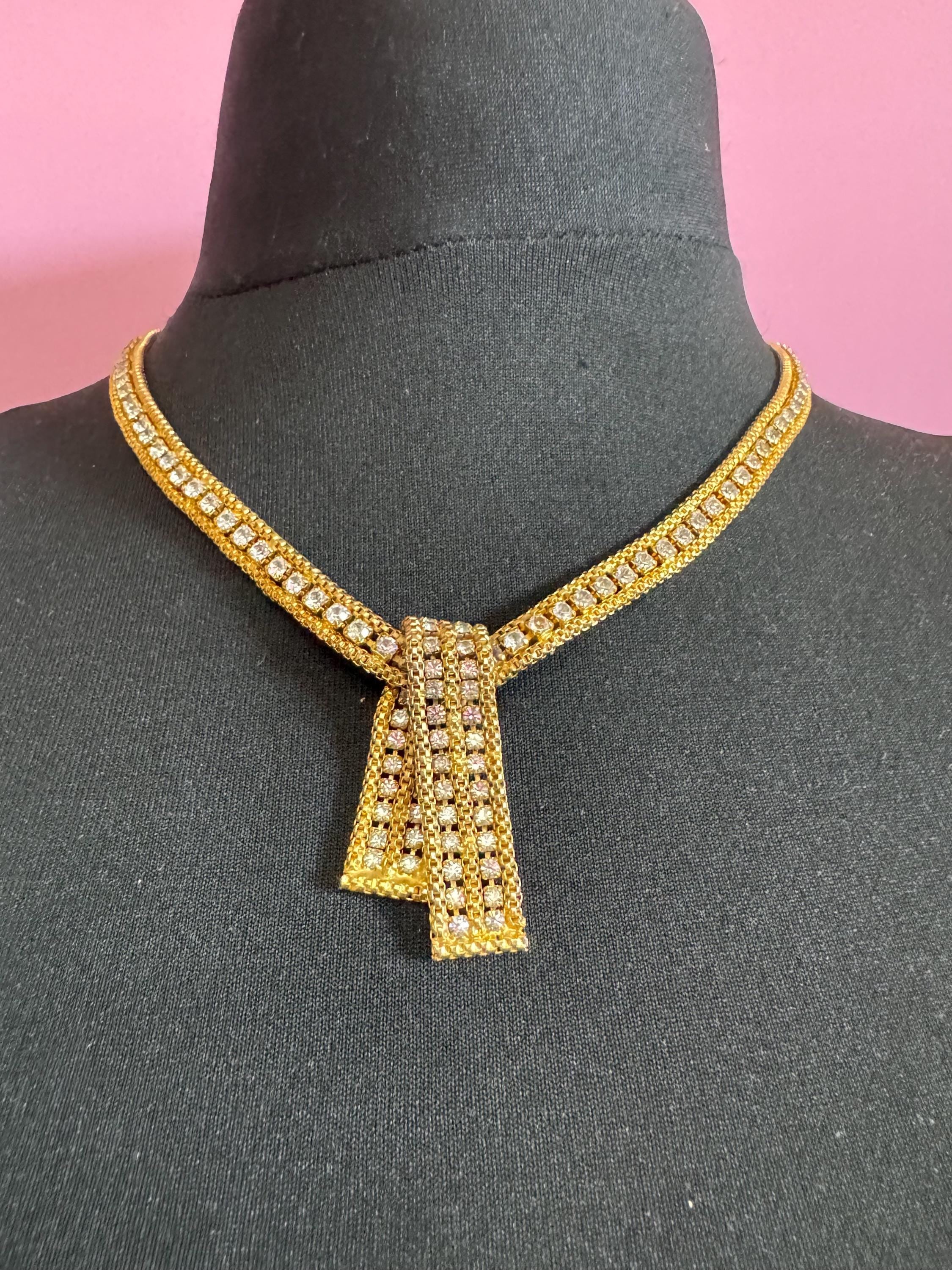 Vintage penino gold tone mesh & Clear paste diamanté waterfall lariat necklace