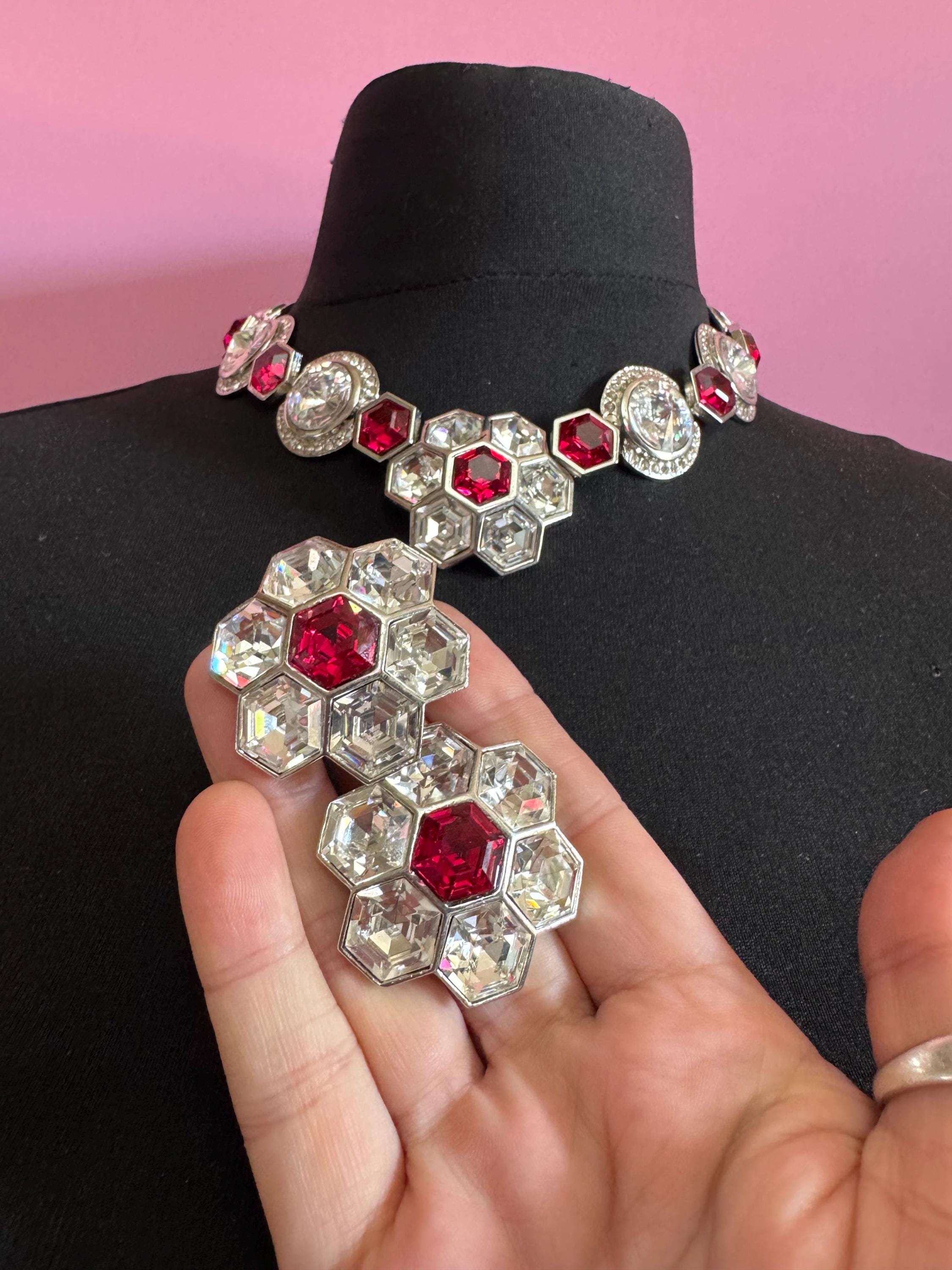 vintage silver tone octagonal ruby red Swarovski crystal rhinestone cocktail necklace and matching clip on earrings jewellery set