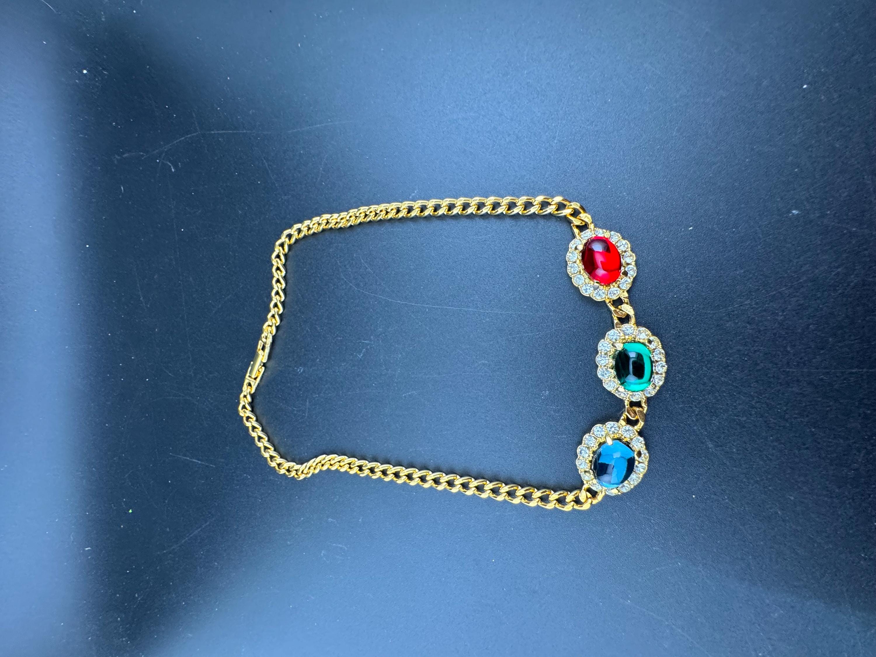 41.5cm Vintage 1980s Swarovski  Red blue green Oval cabochon and clear diamanté choker necklace gold tone
