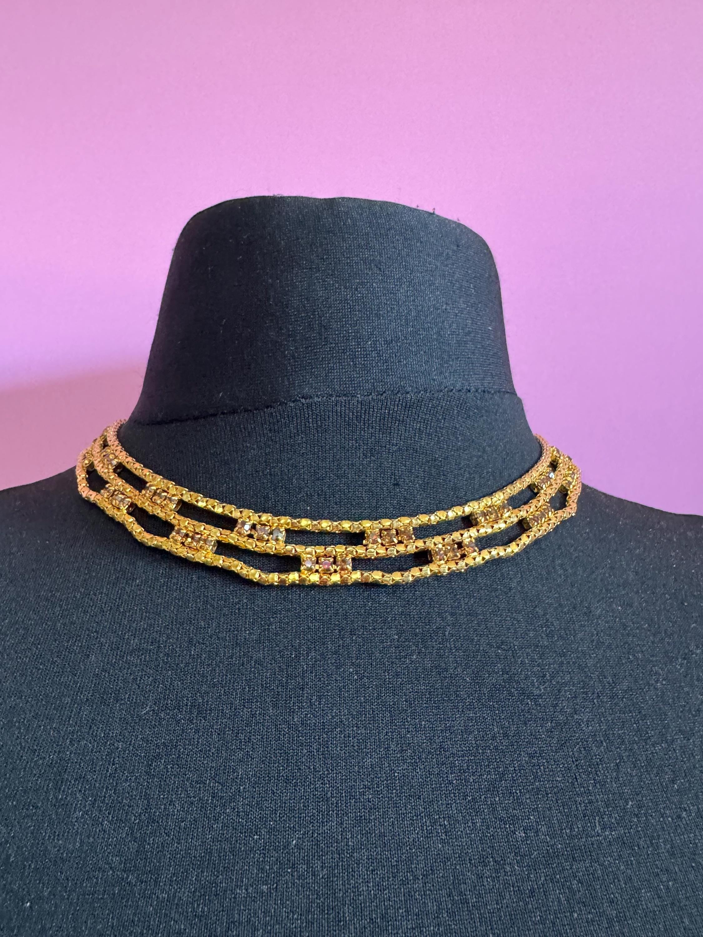 Brown cognac glass diamanté wide mesh choker necklace Vintage penino
