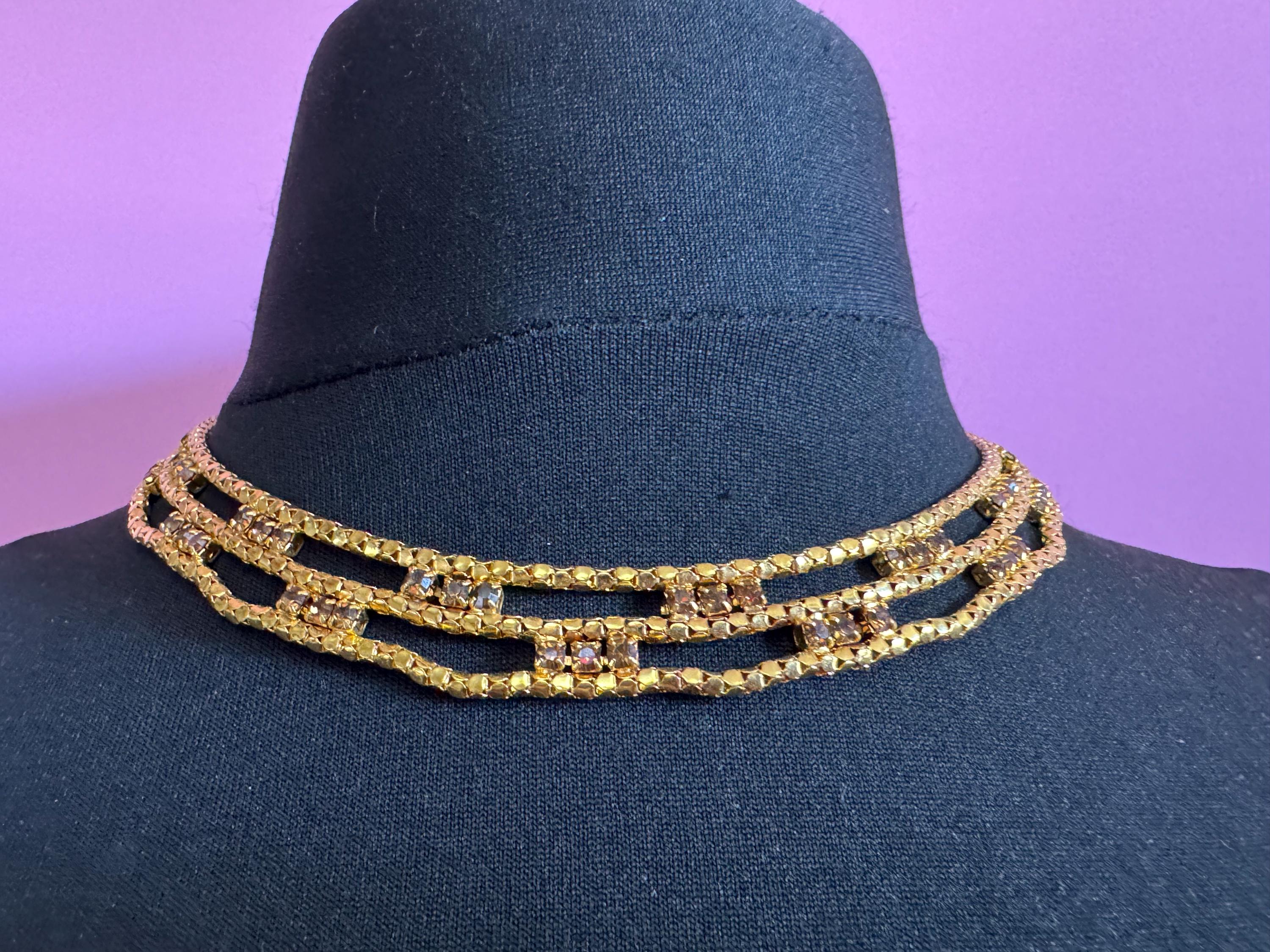 Brown cognac glass diamanté wide mesh choker necklace Vintage penino