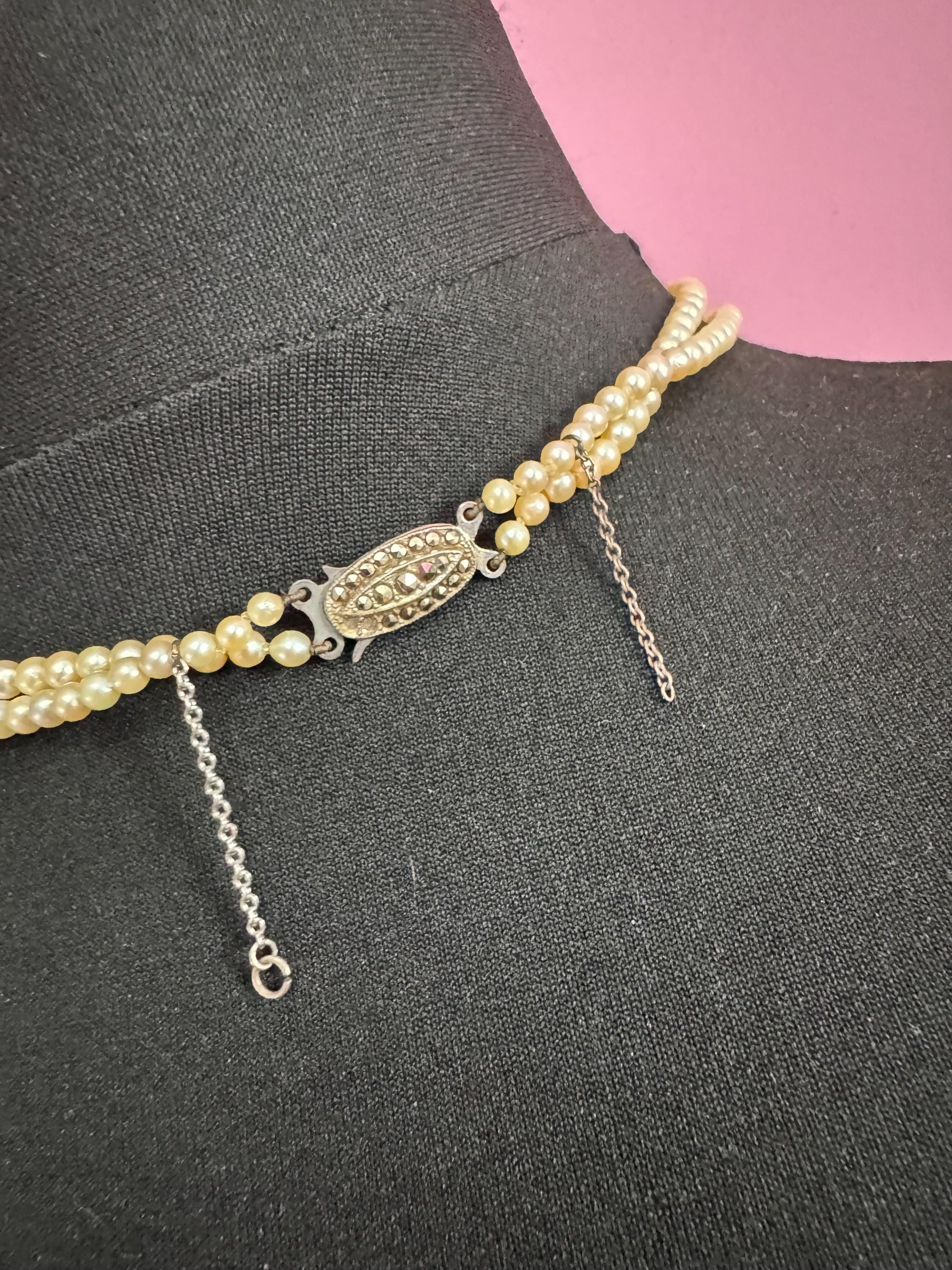vintage 2 row cream glass pearl necklace with ornate 925 sterling silver clasp 43cm
