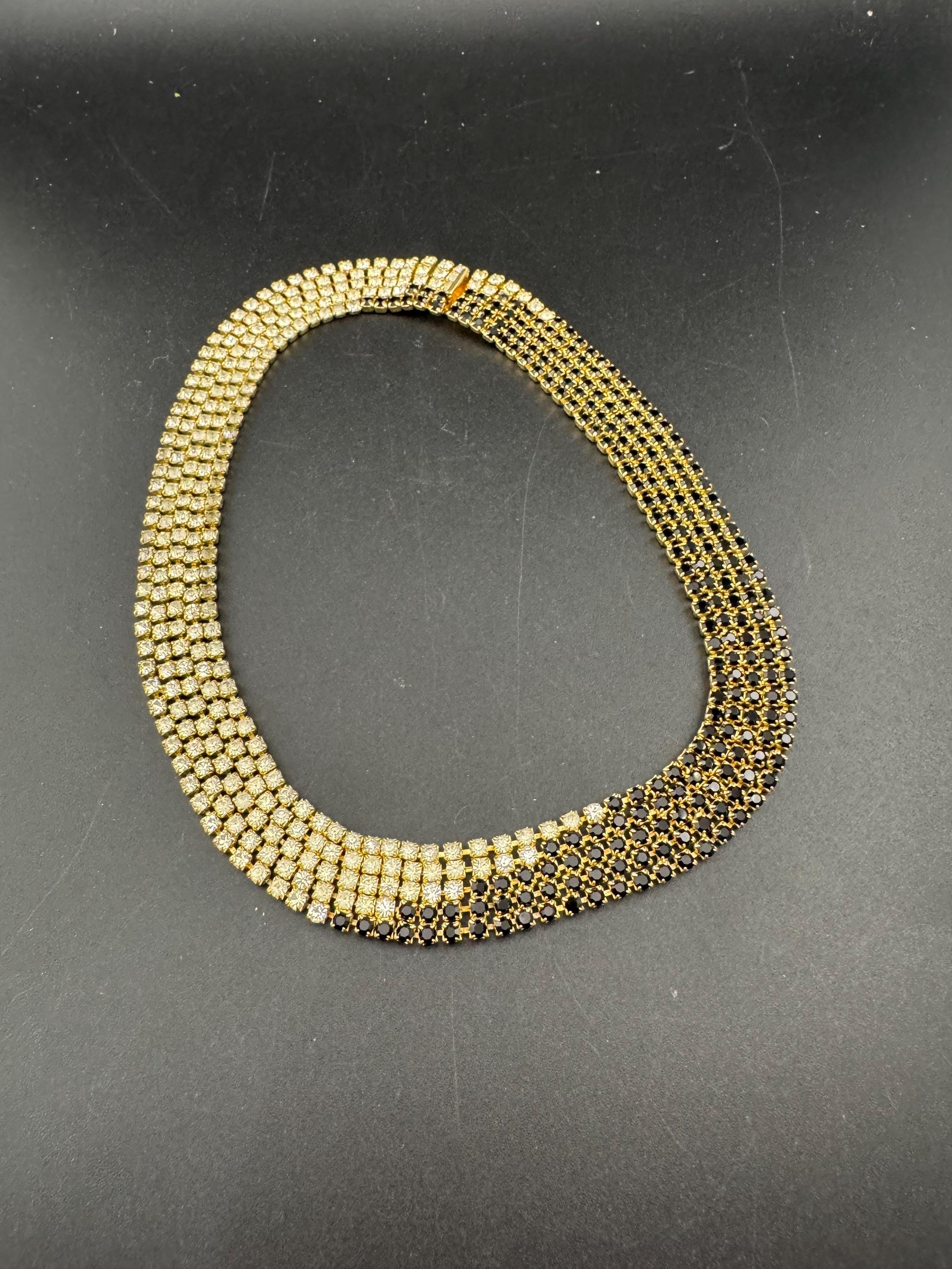Vintage gold tone mesh black and clear rhinestone diamanté wide choker collar necklace