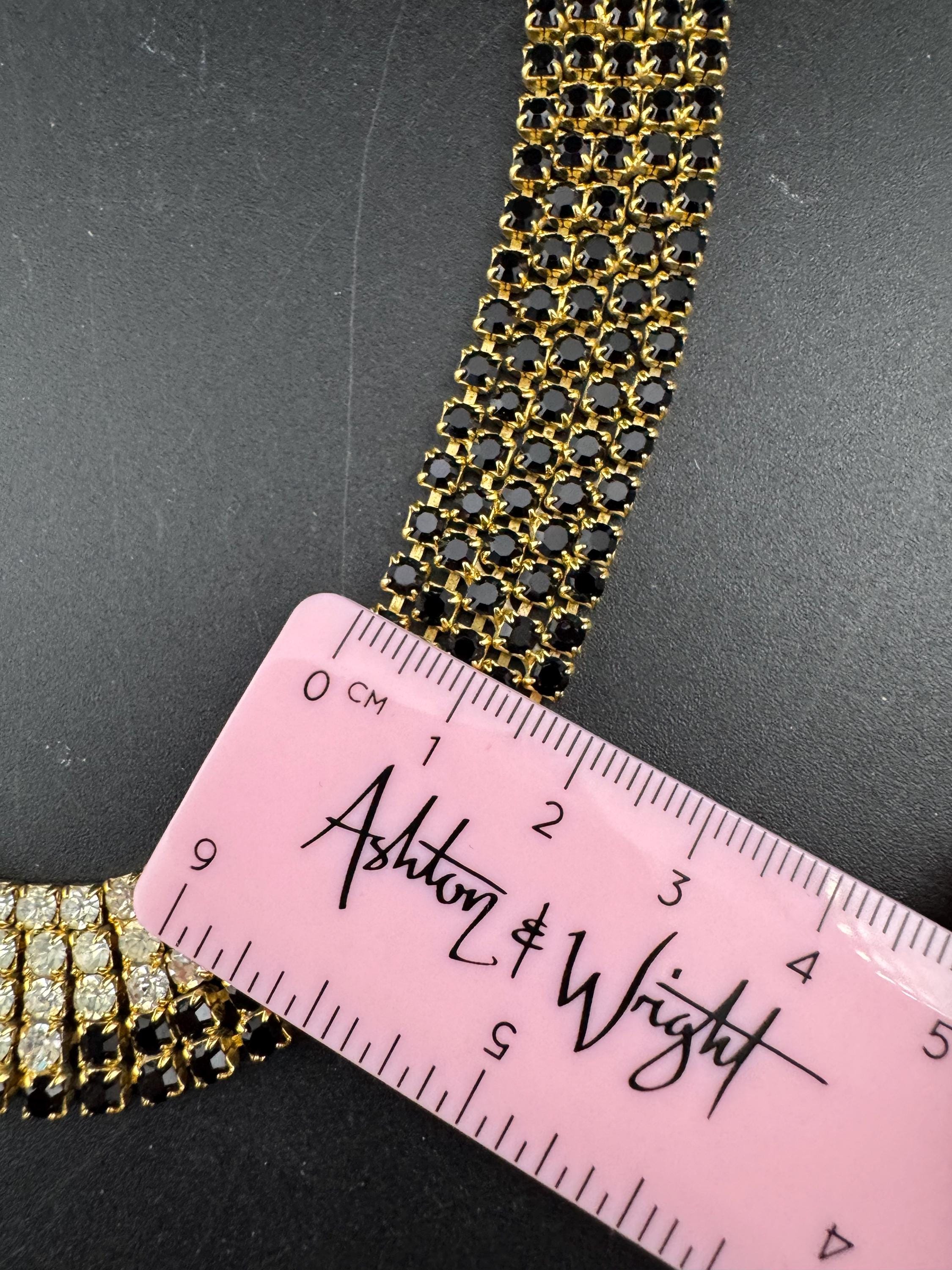 Vintage gold tone mesh black and clear rhinestone diamanté wide choker collar necklace