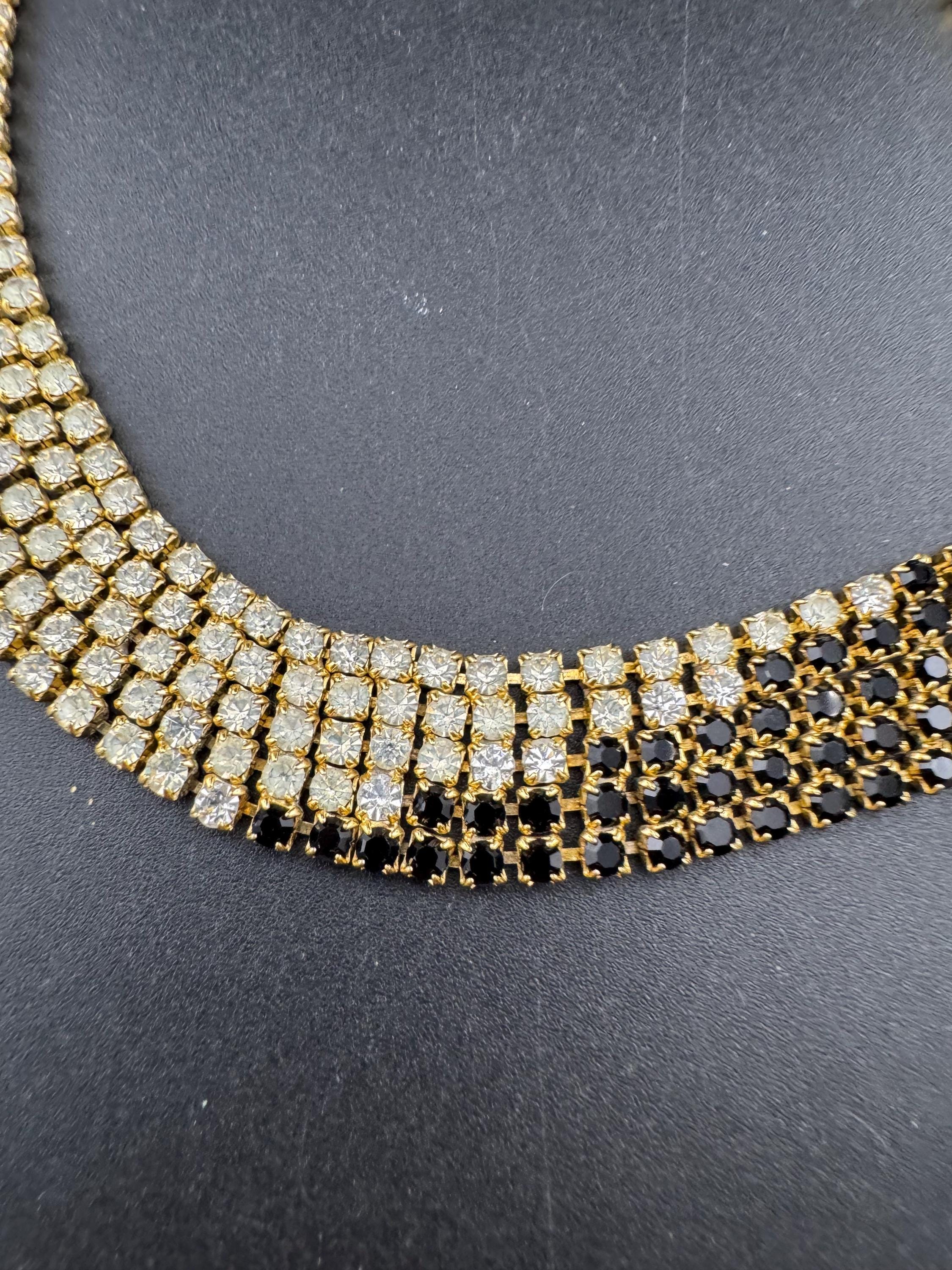 Vintage gold tone mesh black and clear rhinestone diamanté wide choker collar necklace