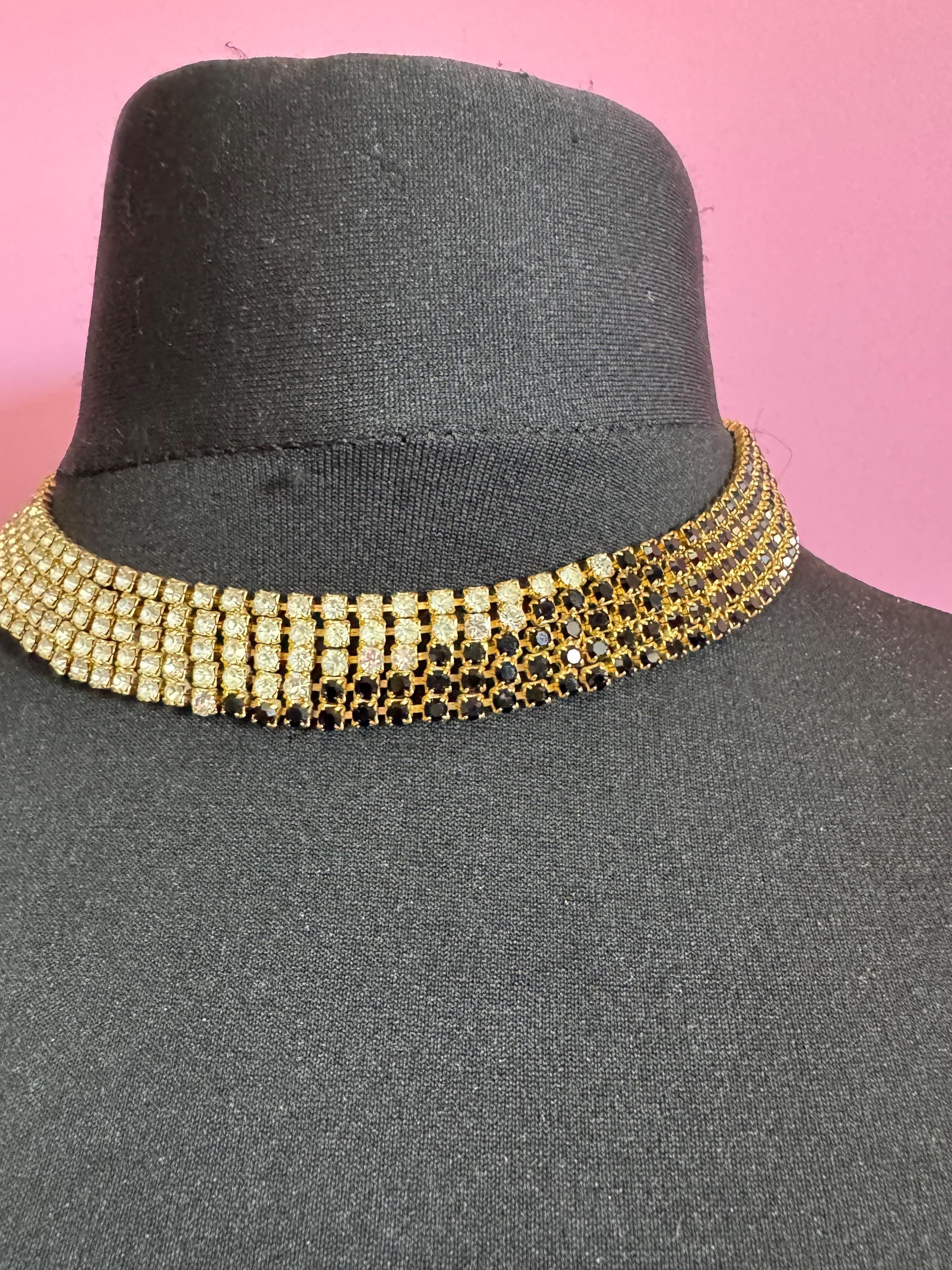 Vintage gold tone mesh black and clear rhinestone diamanté wide choker collar necklace