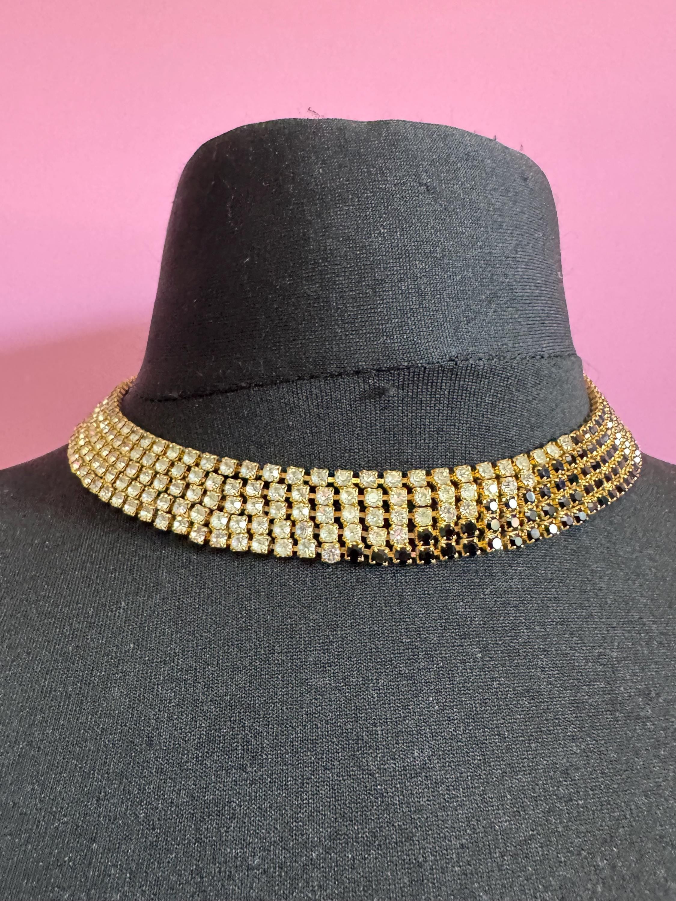 Vintage gold tone mesh black and clear rhinestone diamanté wide choker collar necklace