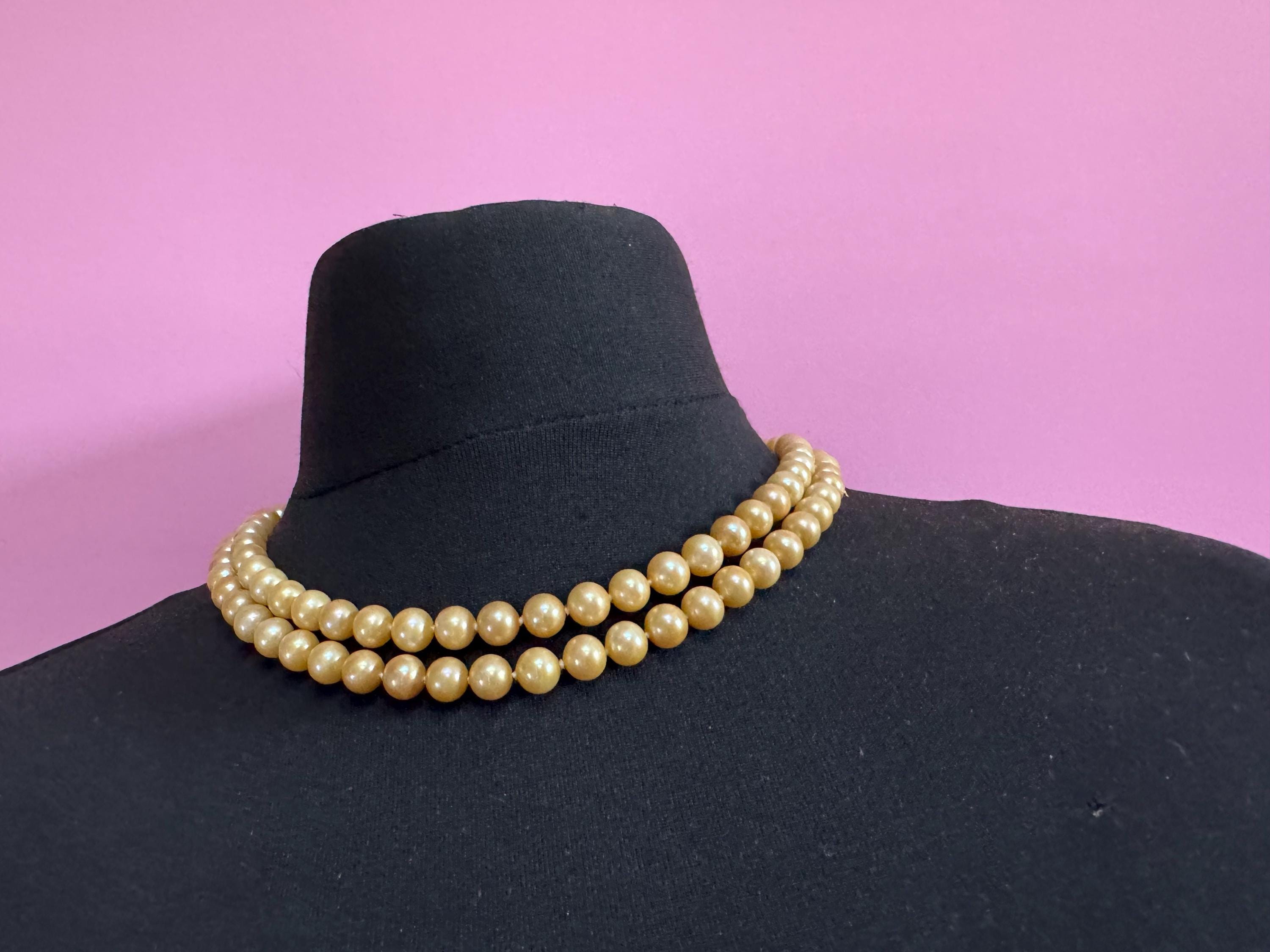 vintage 2 row yellow cream glass pearl necklace with ornate 925 sterling silver clasp 48cm