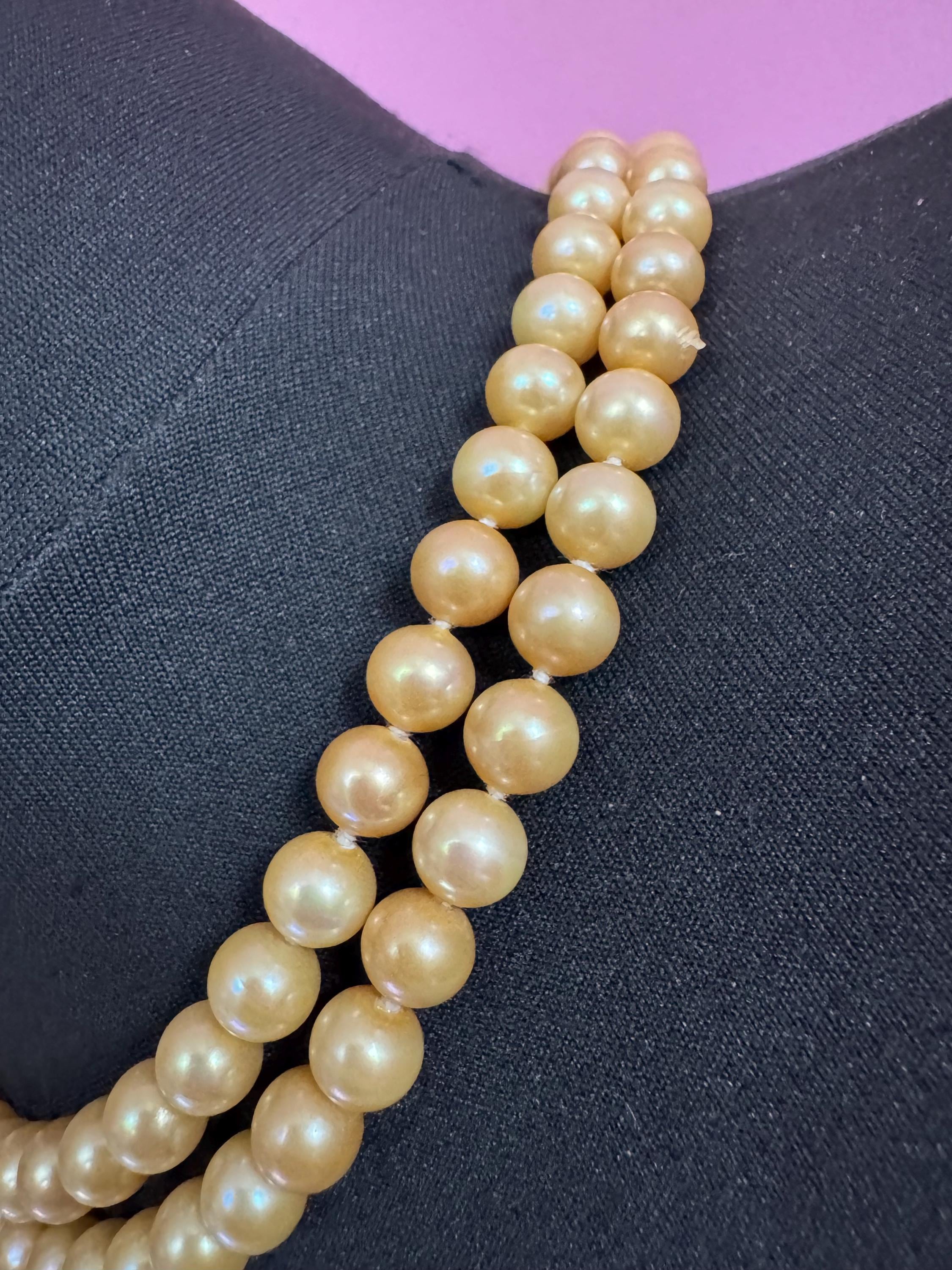 vintage 2 row yellow cream glass pearl necklace with ornate 925 sterling silver clasp 48cm