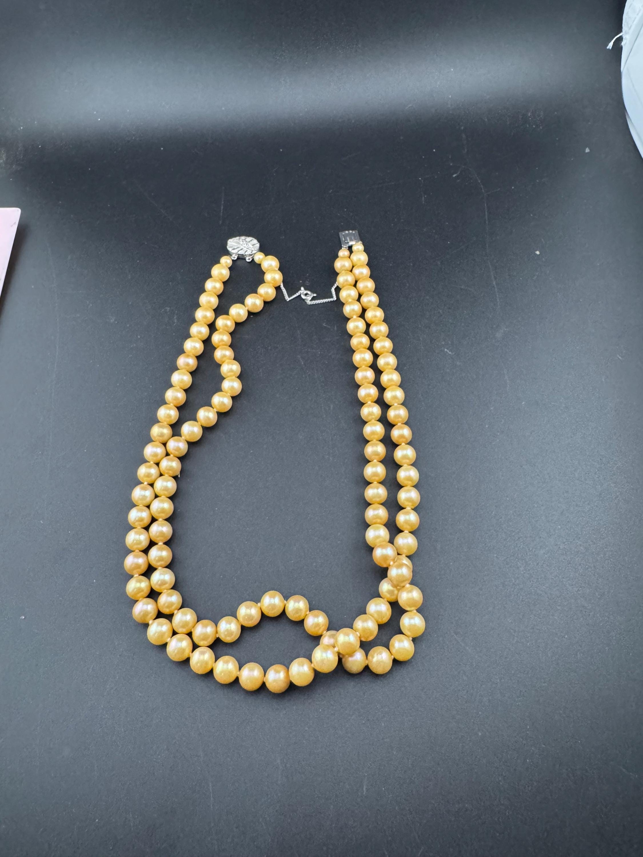 vintage 2 row yellow cream glass pearl necklace with ornate 925 sterling silver clasp 48cm
