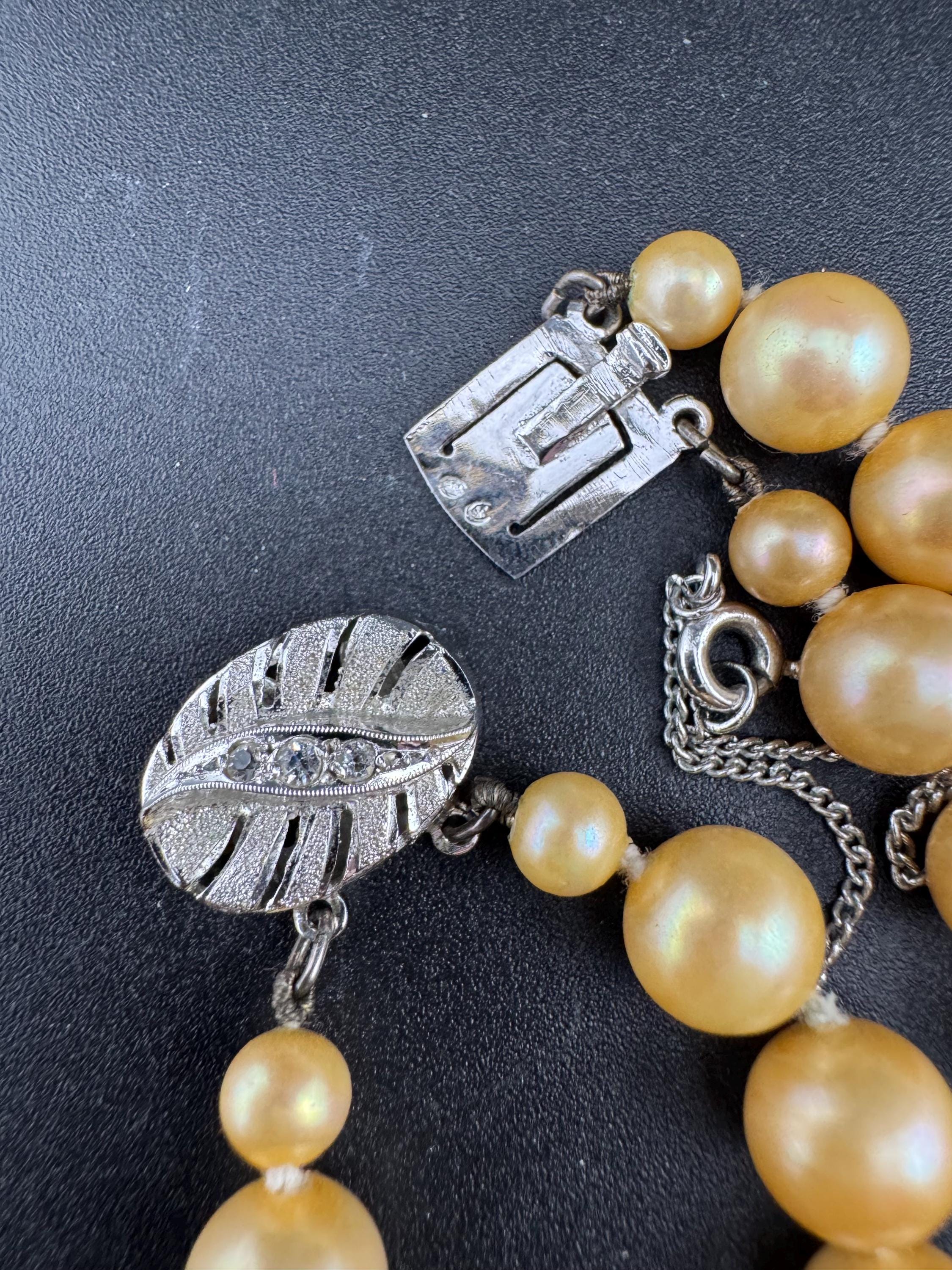 vintage 2 row yellow cream glass pearl necklace with ornate 925 sterling silver clasp 48cm