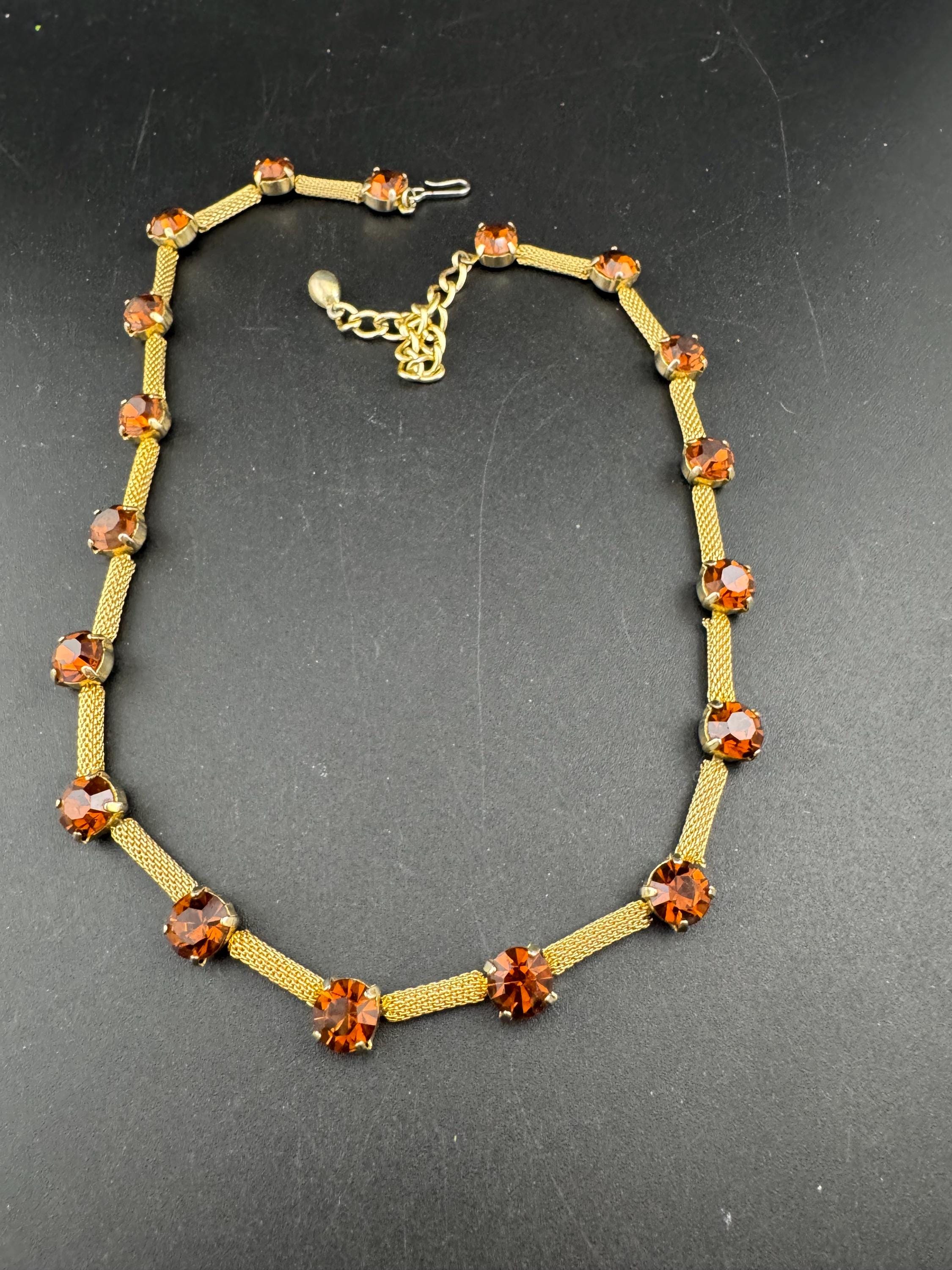cognac glass brown diamante woven choker necklace, Vintage mid century gold plated