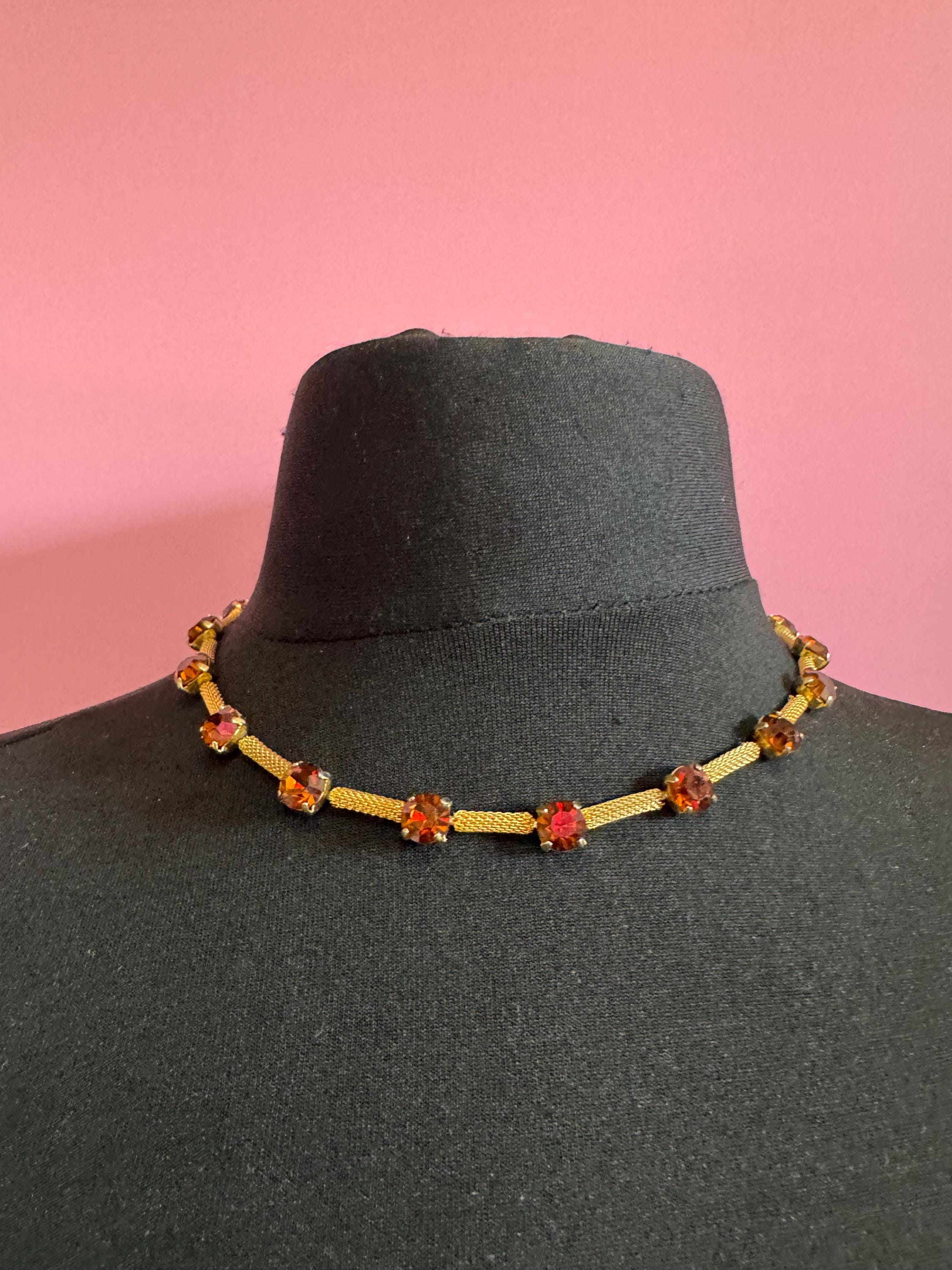 cognac glass brown diamante woven choker necklace, Vintage mid century gold plated