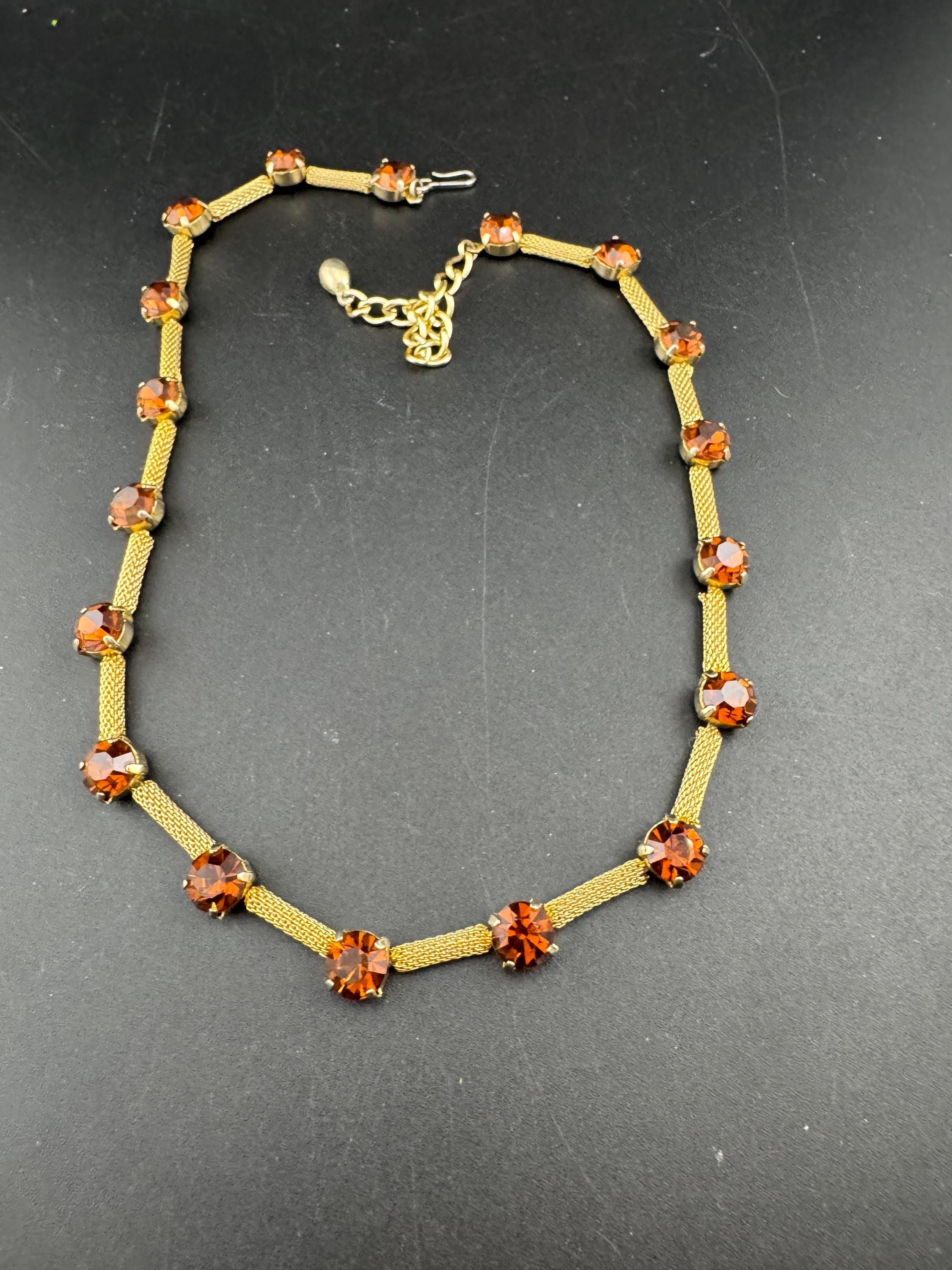cognac glass brown diamante woven choker necklace, Vintage mid century gold plated
