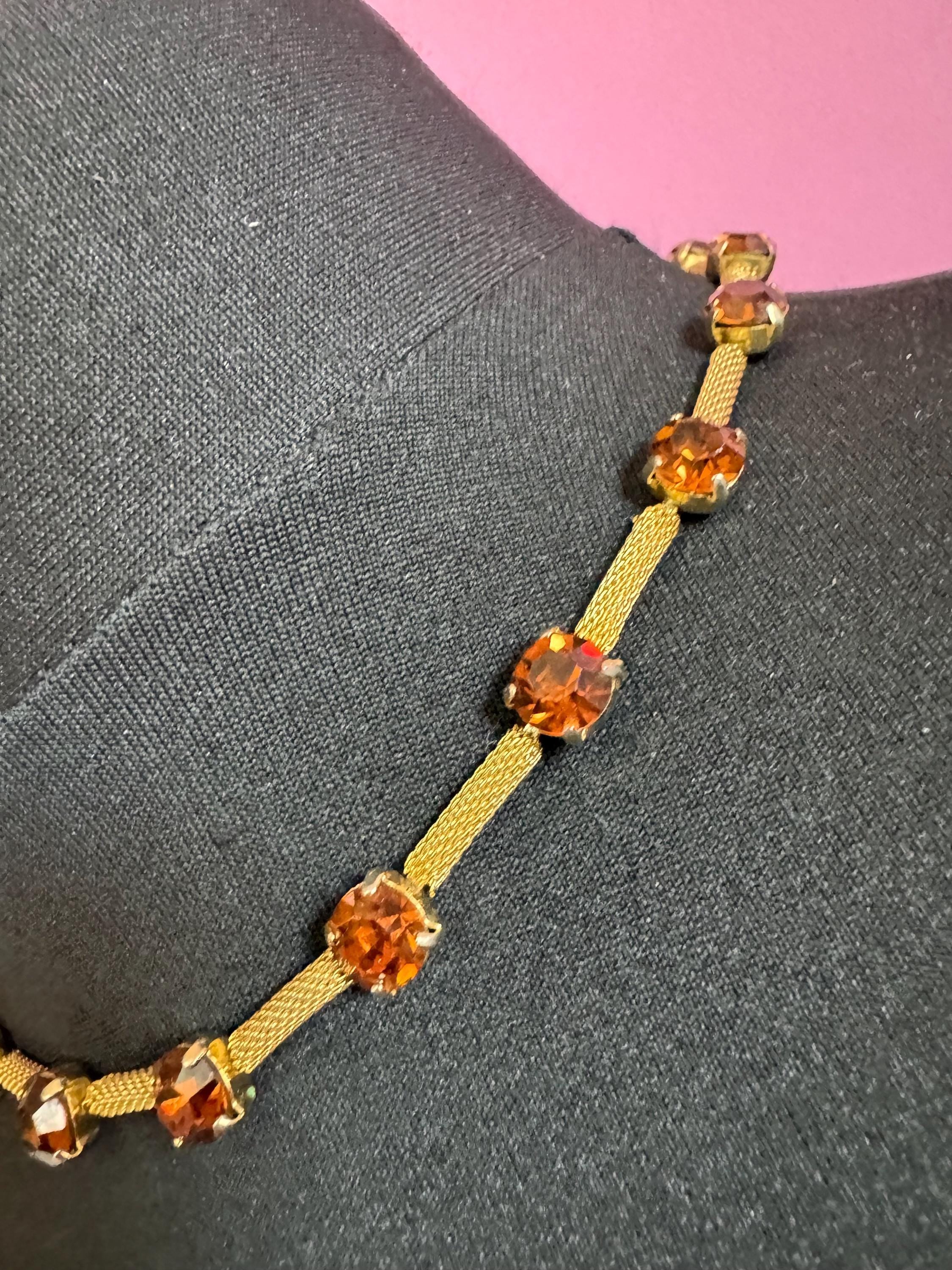 cognac glass brown diamante woven choker necklace, Vintage mid century gold plated