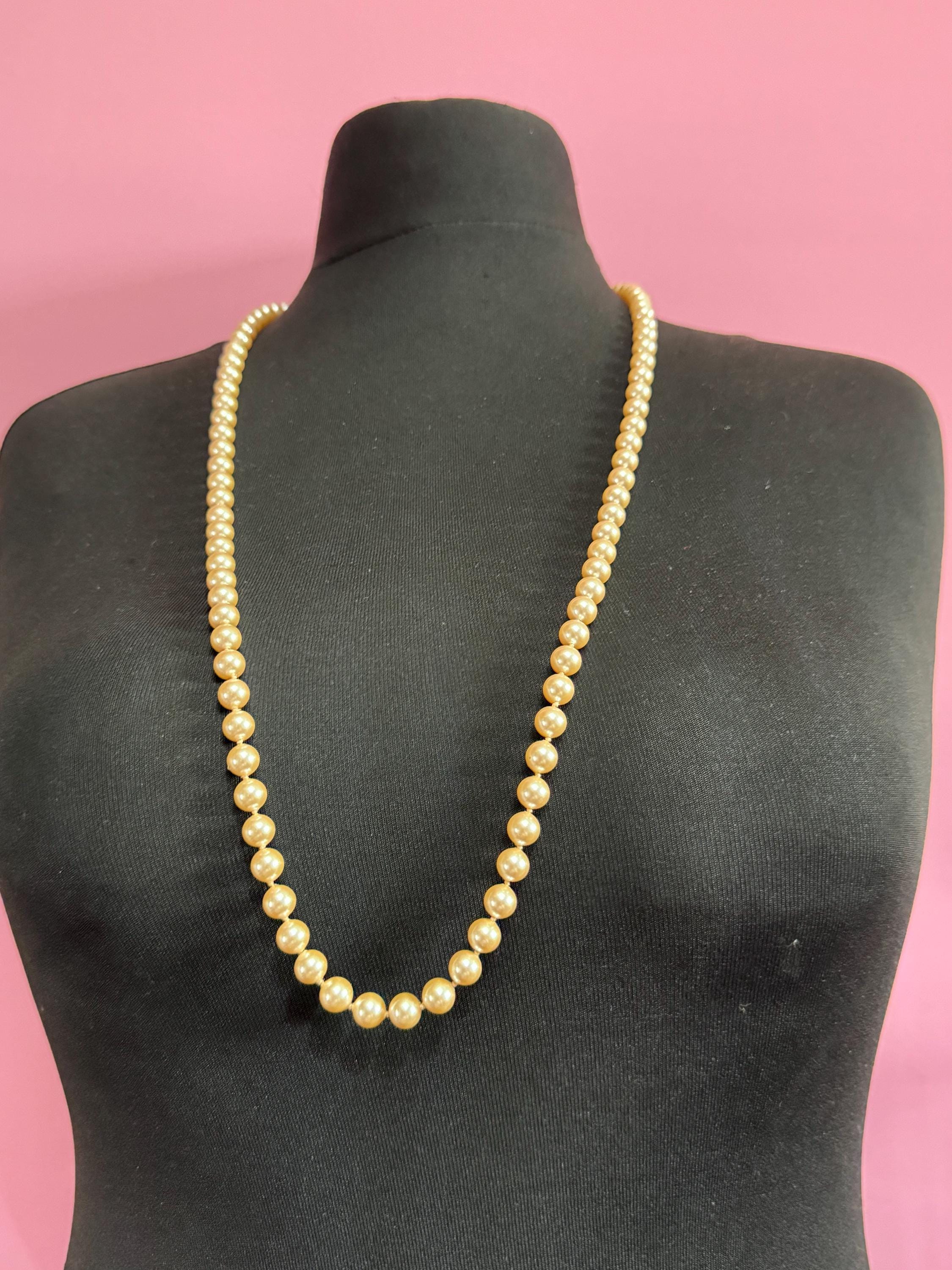MONET signed Oyster cream knotted glass pearl necklace Vintage 92cm single strand row of pearls, gold tone