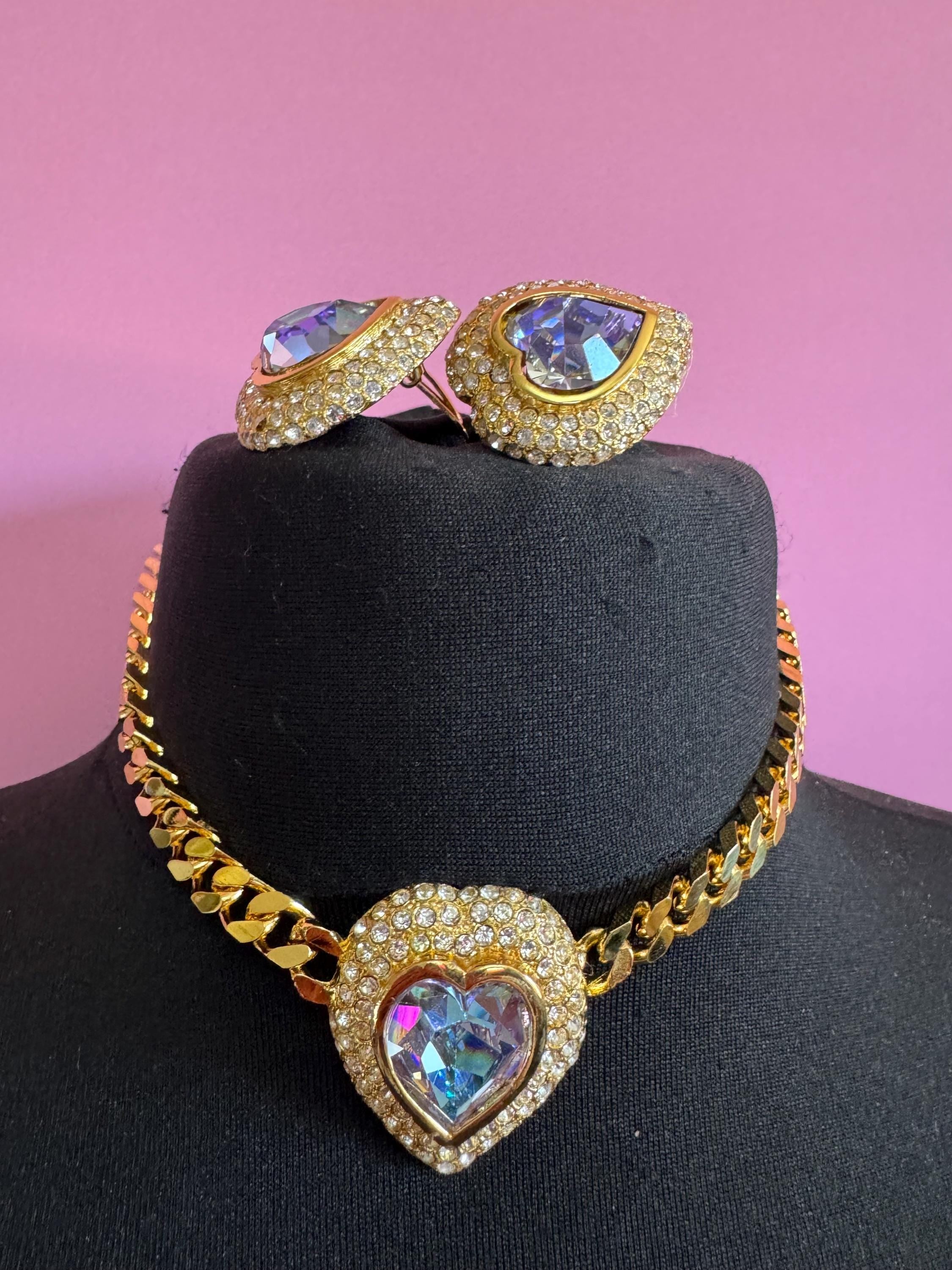 Vintage purple AB and clear Swarovski crystal love heart gold tone necklace and oversized clip on earrings jewellery set