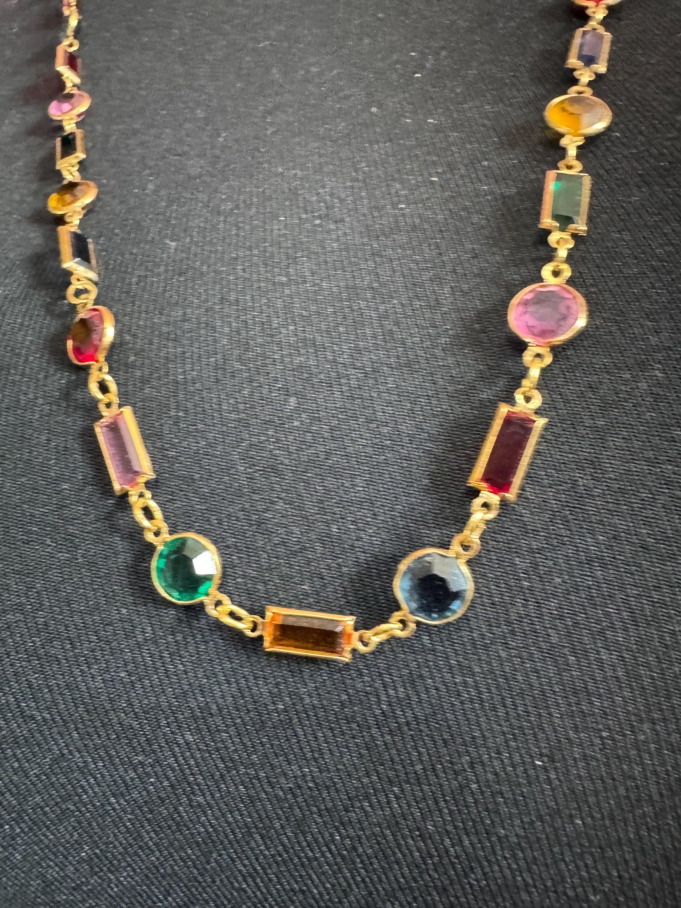 vintage multi coloured geometric crystal Rivière bezel gold plated necklace 80cm