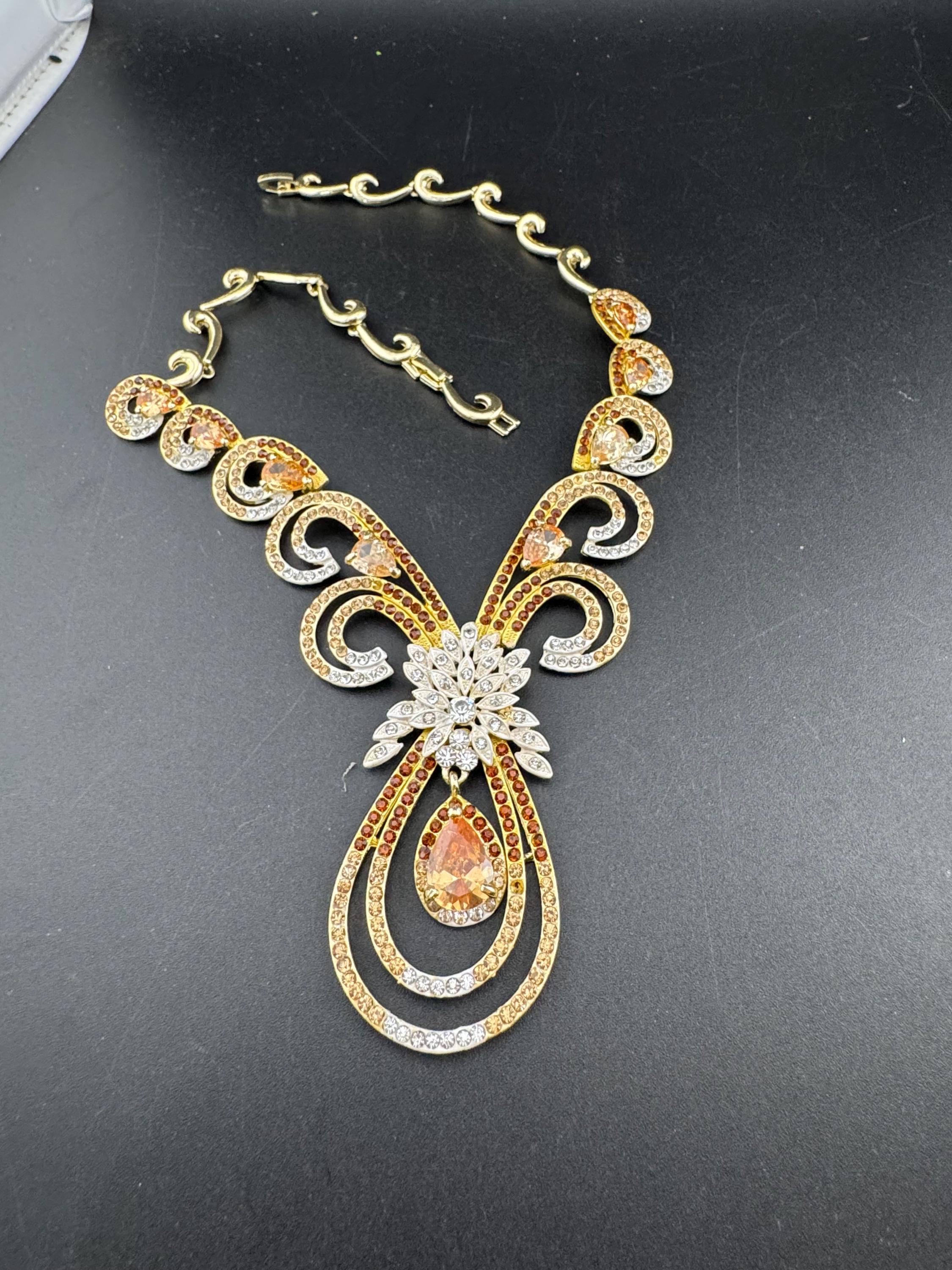 Retro brown topaz glass diamanté rhinestone waterfall drop choker necklace gold tone