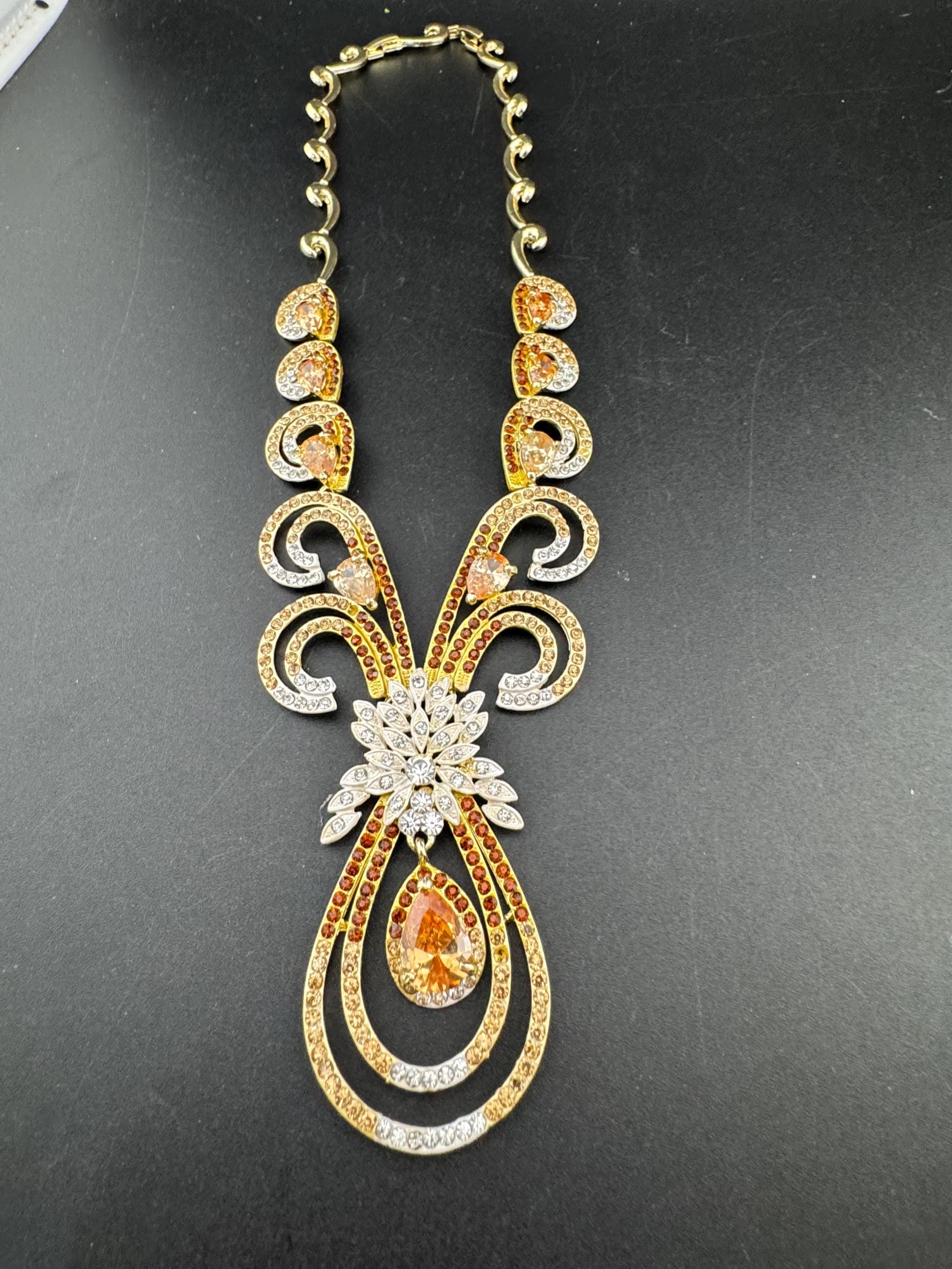 Retro brown topaz glass diamanté rhinestone waterfall drop choker necklace gold tone