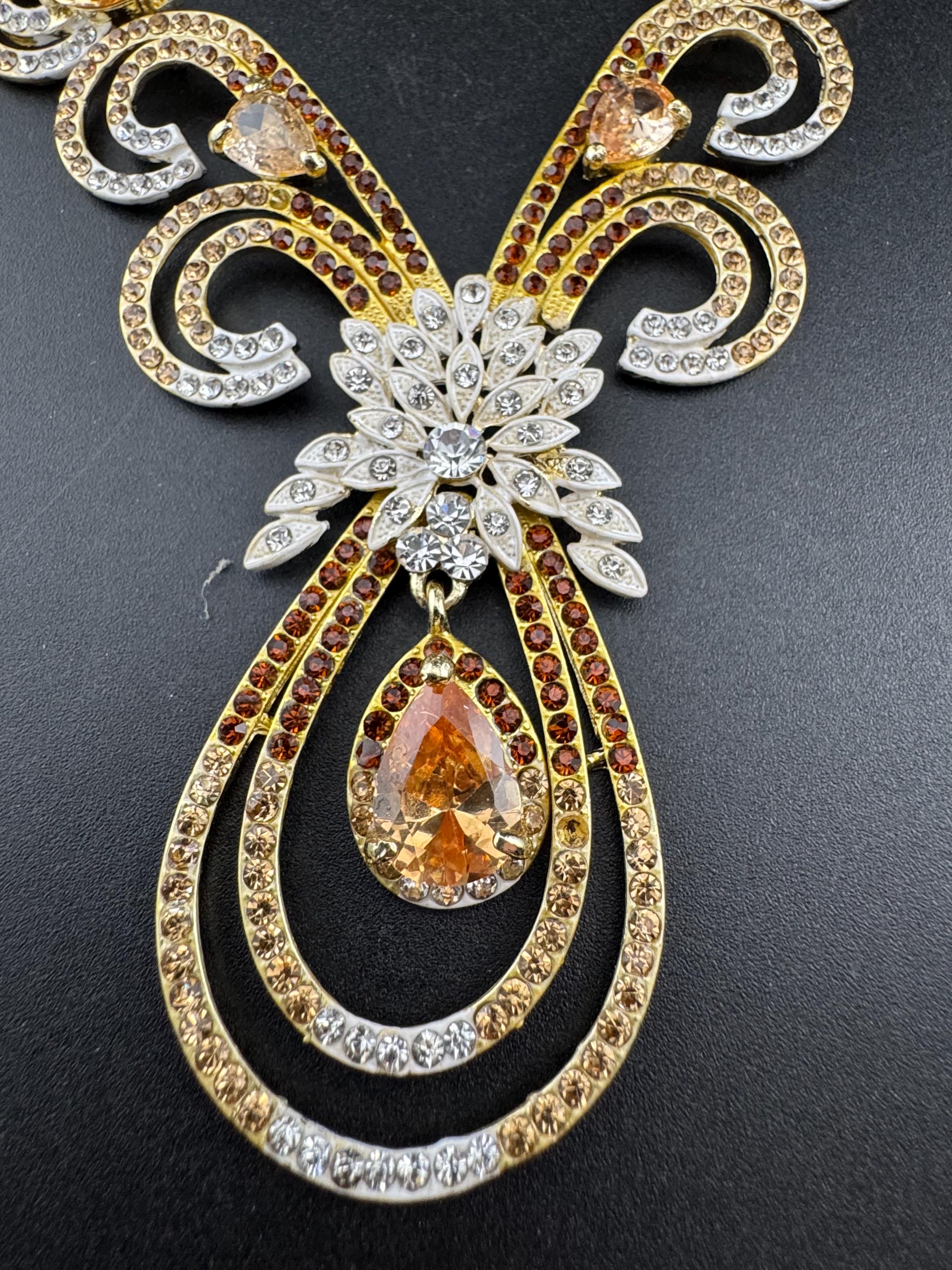 Retro brown topaz glass diamanté rhinestone waterfall drop choker necklace gold tone