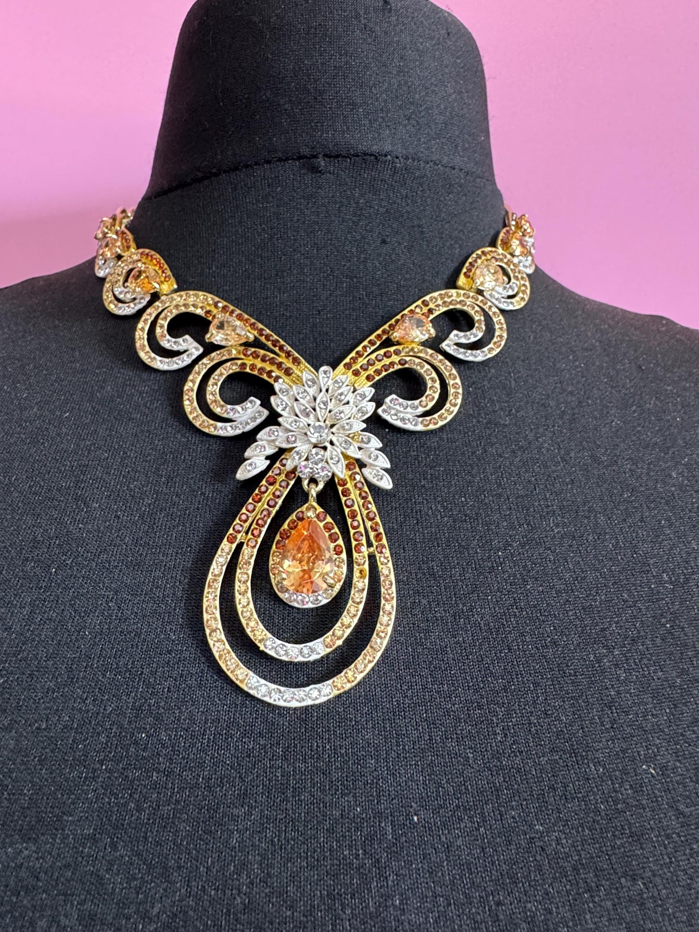 Retro brown topaz glass diamanté rhinestone waterfall drop choker necklace gold tone