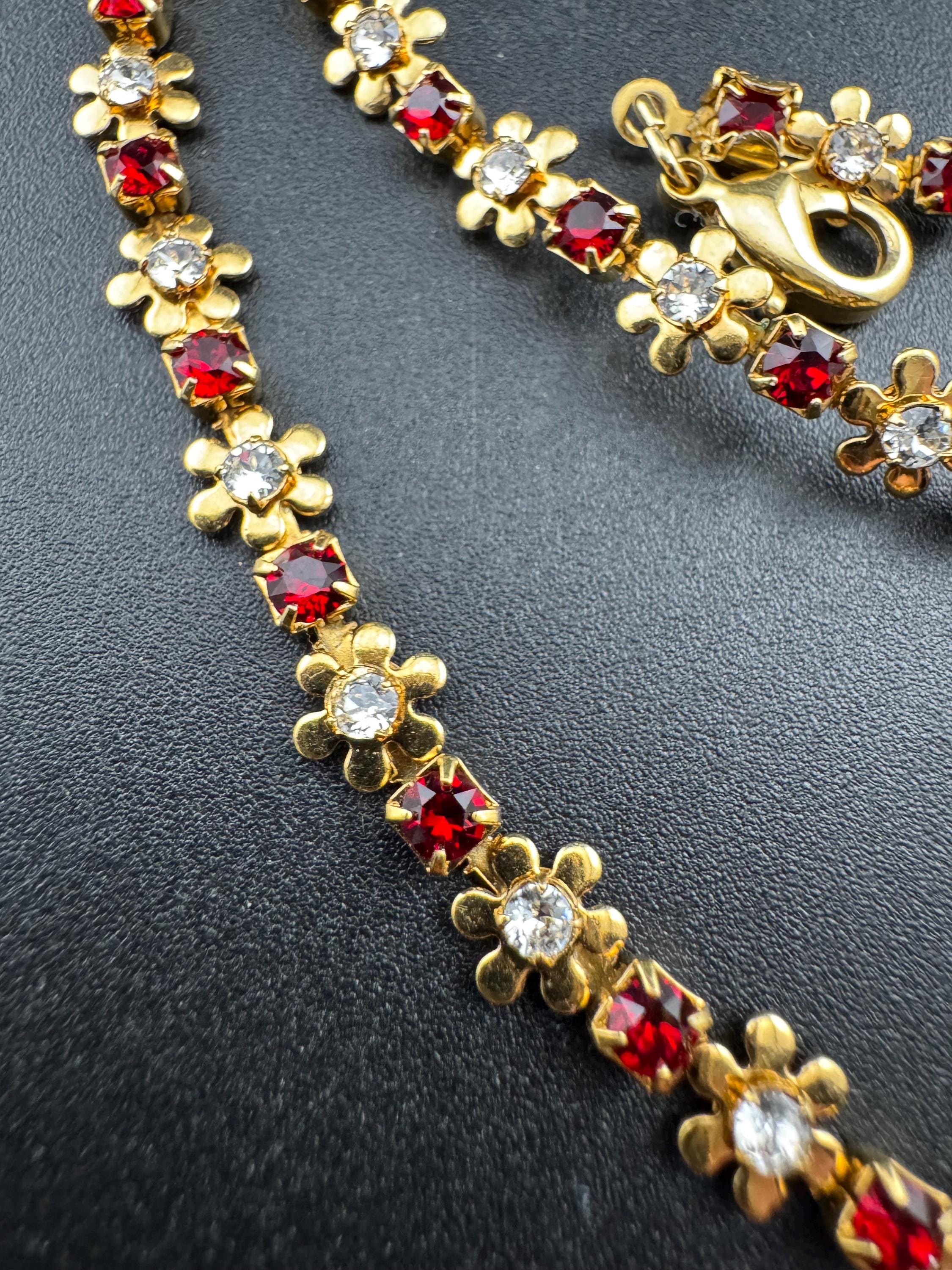 Retro 1980s dainty fancy link Ruby floral diamanté necklace