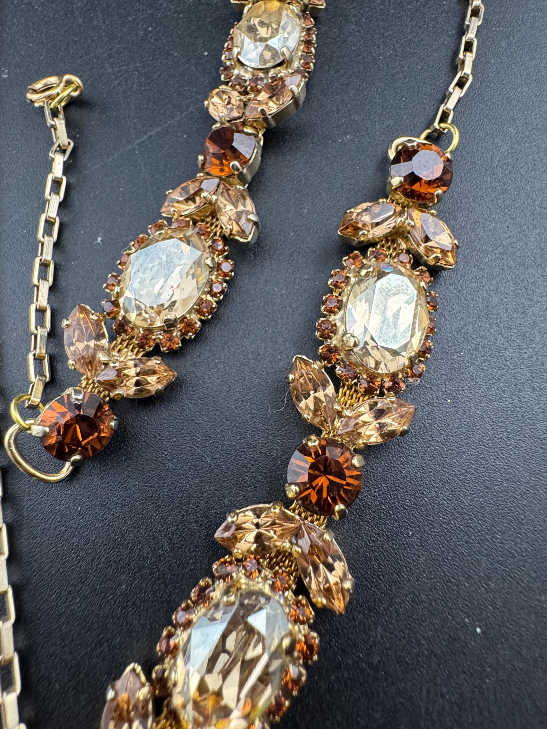 Vintage cognac brown glass diamanté rhinestone necklace and  bracelet, jewellery set