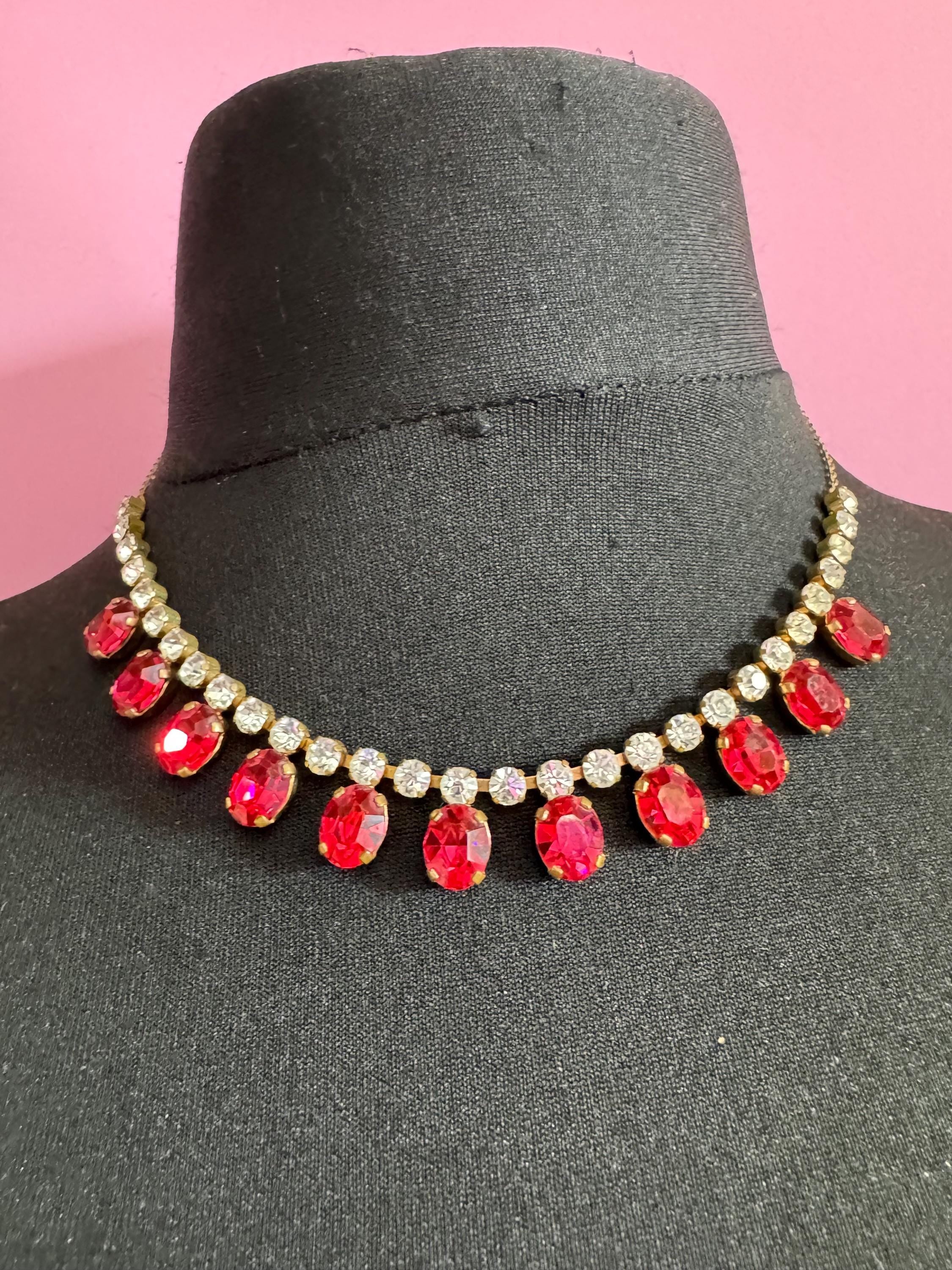 44cm Ruby red pink diamanté crystal drop necklace, fine chain, glass rhinestones, vintage