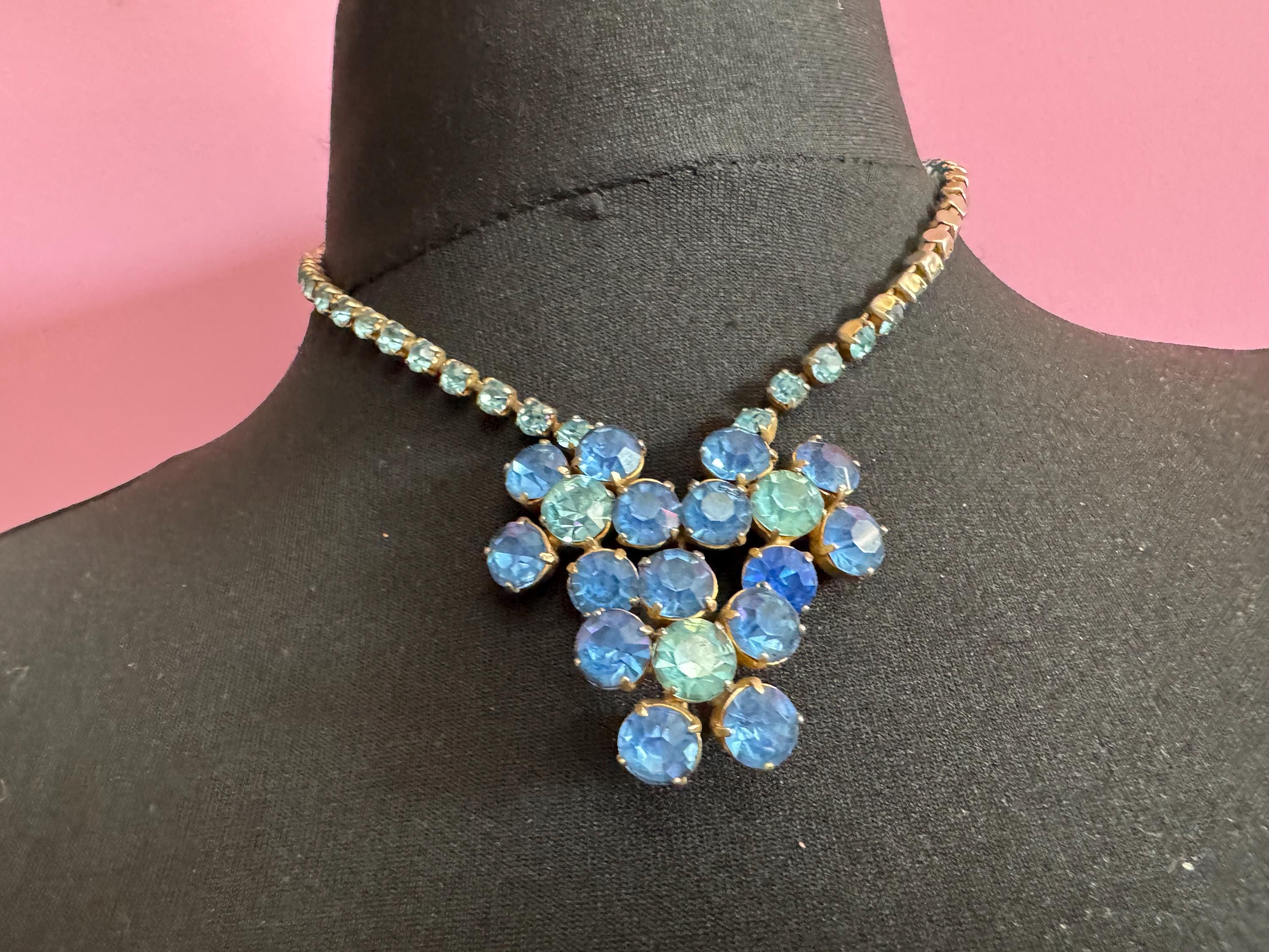 Hydrangea blue turquoise diamanté crystal drop necklace, glass rhinestones, vintage