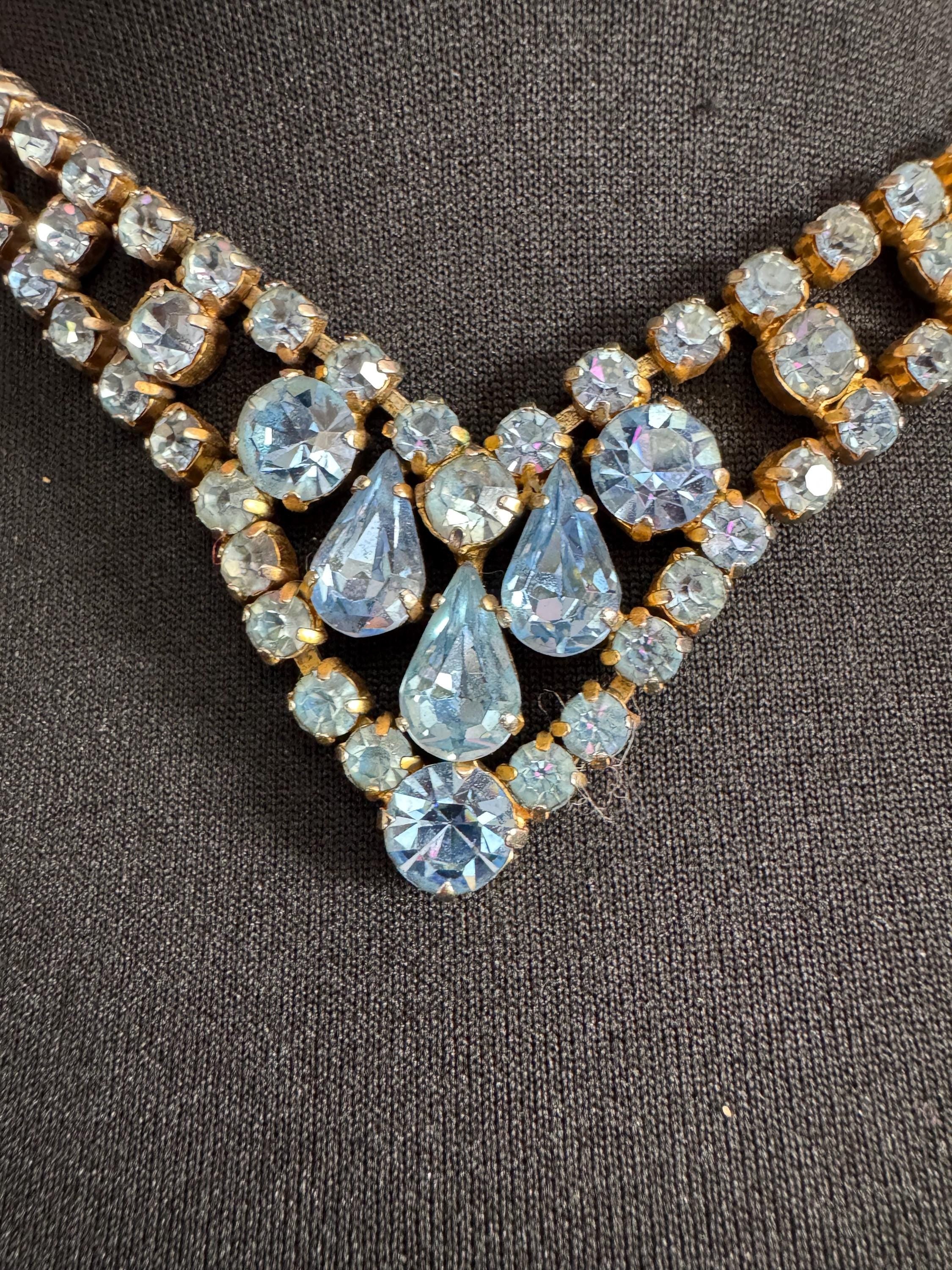 Light blue diamanté crystal drop necklace, glass rhinestones, vintage