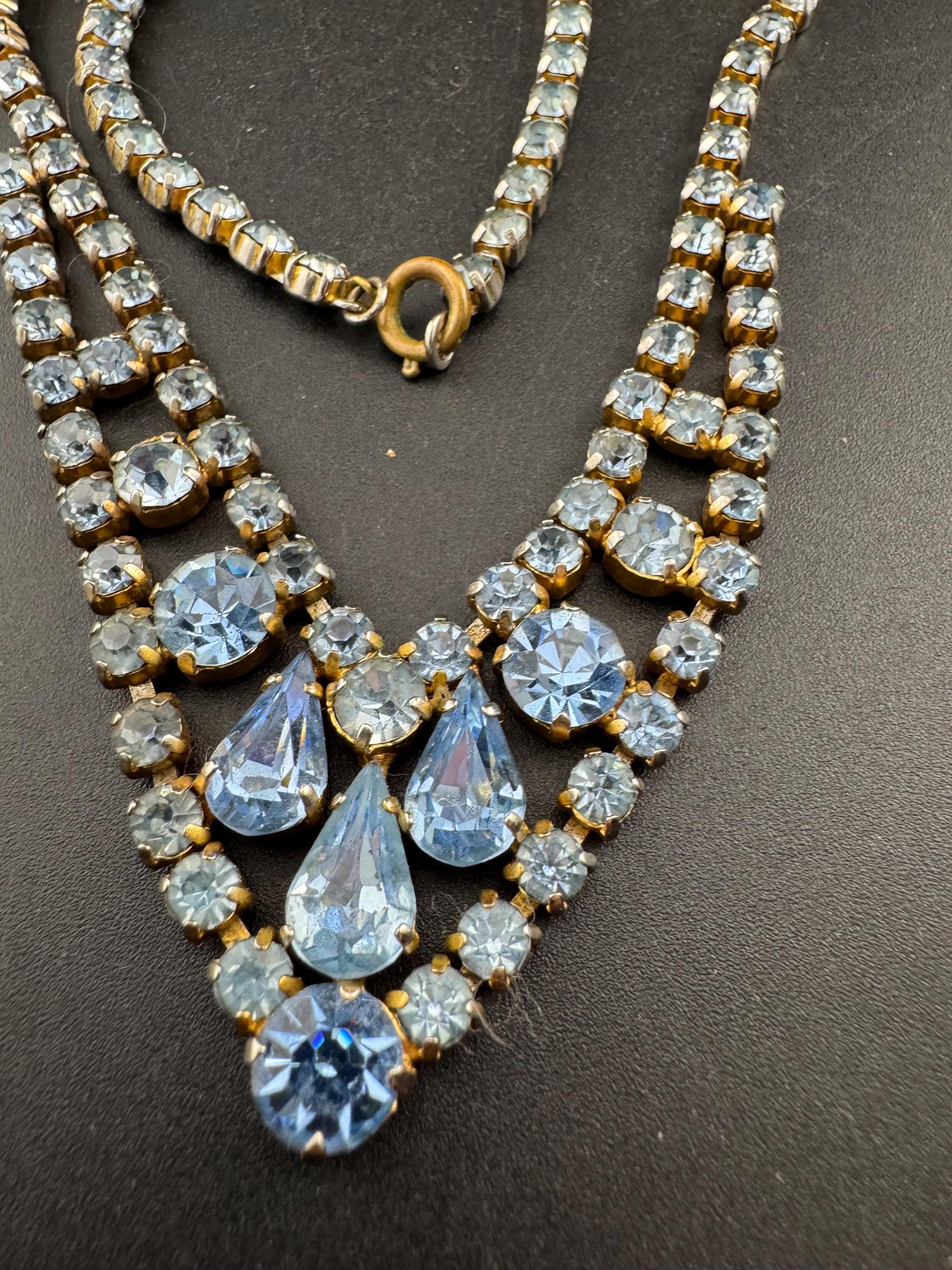 Light blue diamanté crystal drop necklace, glass rhinestones, vintage