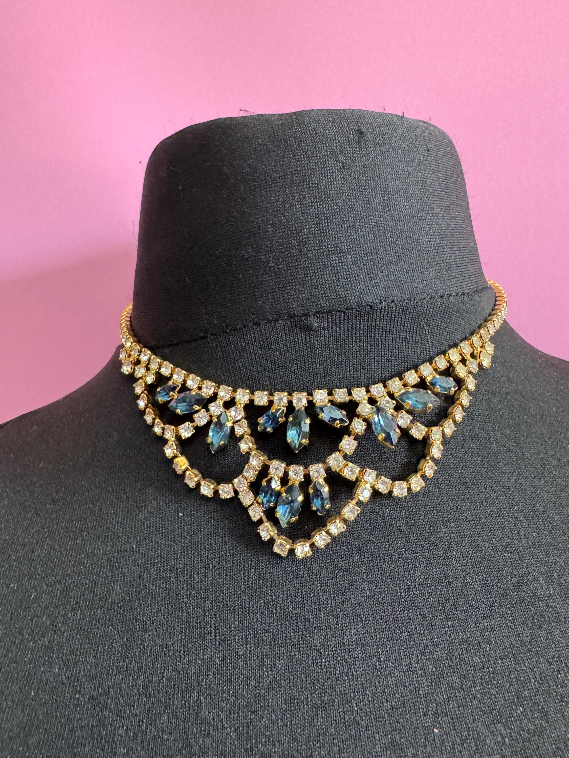 Sapphire blue diamanté crystal drop necklace, glass rhinestones, vintage