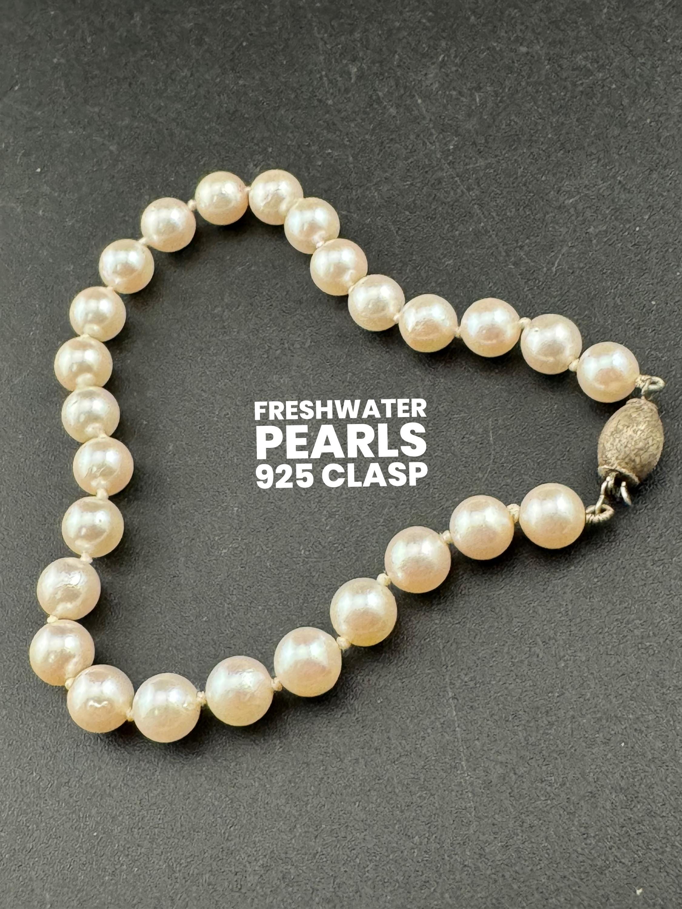 Vintage 925 sterling silver clasp antique genuine cream freshwater pearl beaded bracelet 21cm
