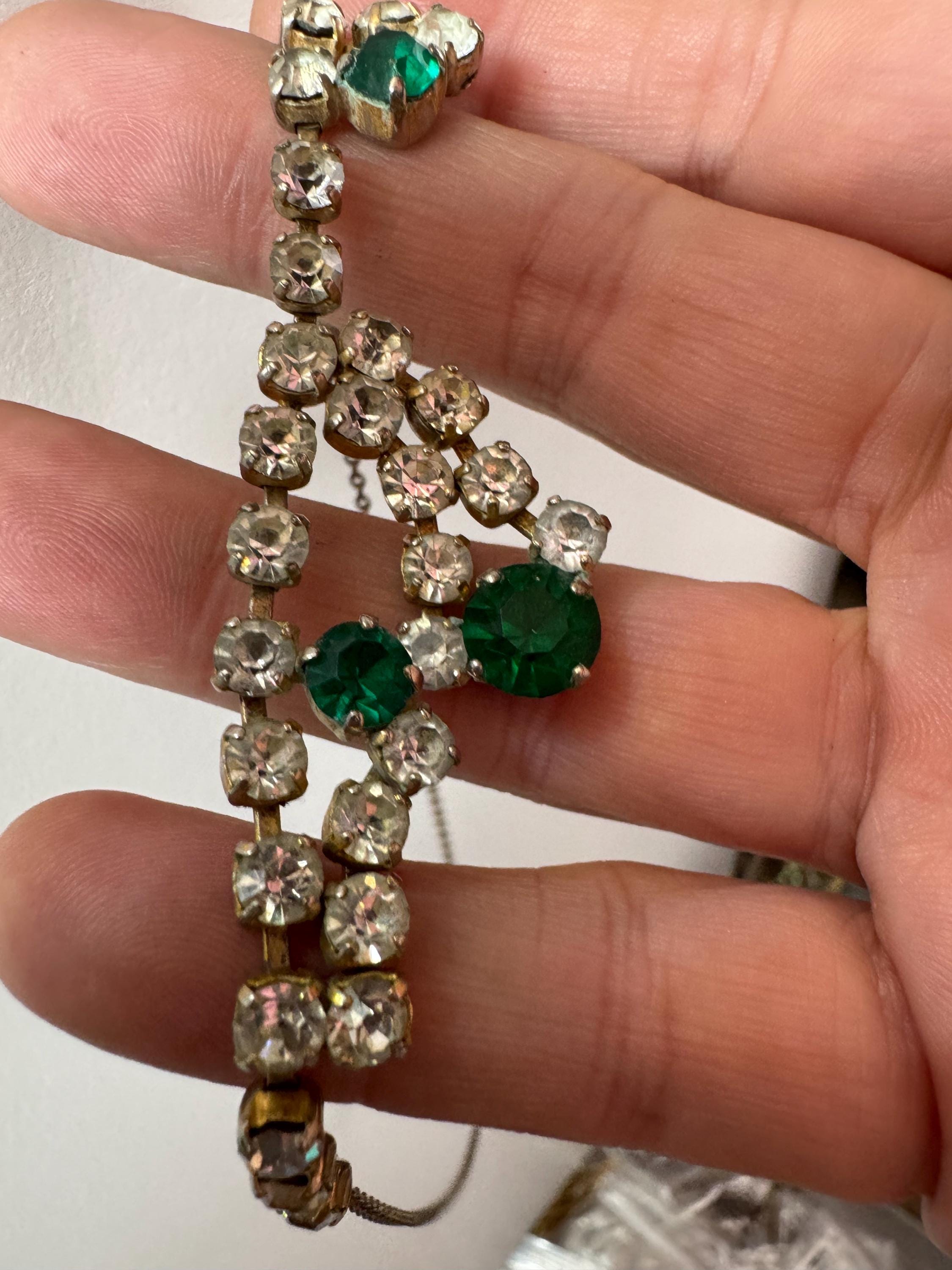 Emerald green diamanté crystal drop necklace, glass rhinestones, vintage