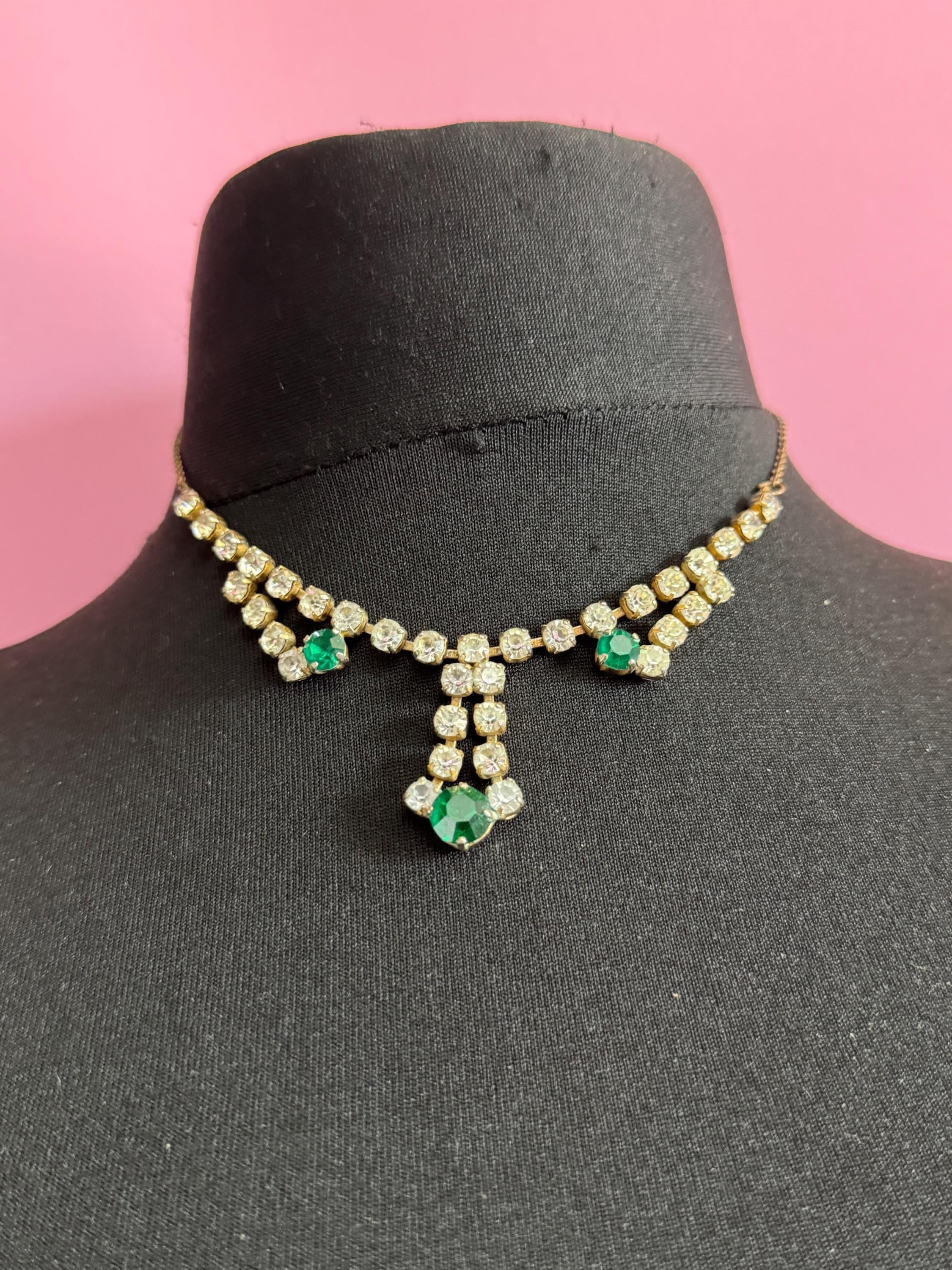 Emerald green diamanté crystal drop necklace, glass rhinestones, vintage