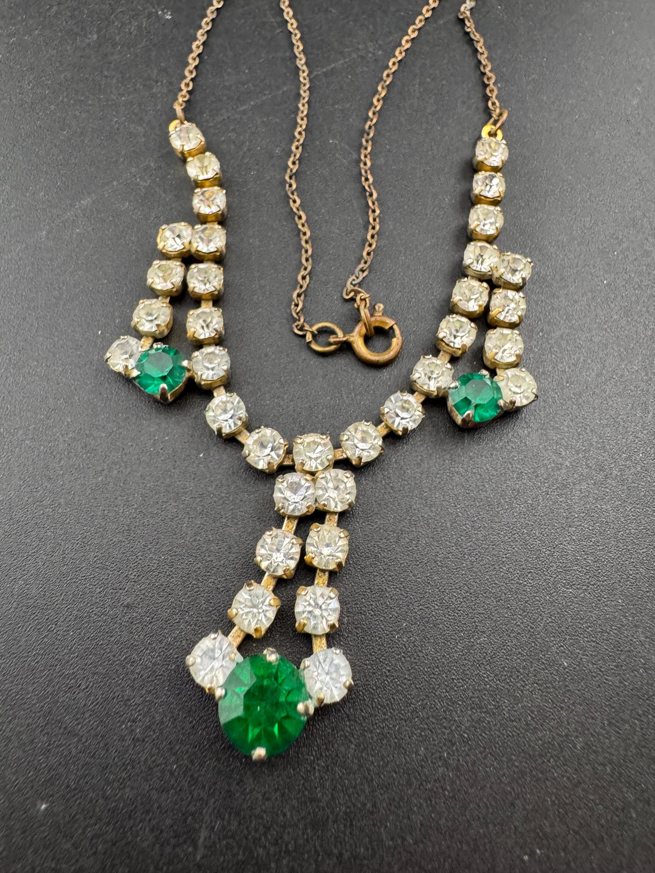 Emerald green diamanté crystal drop necklace, glass rhinestones, vintage
