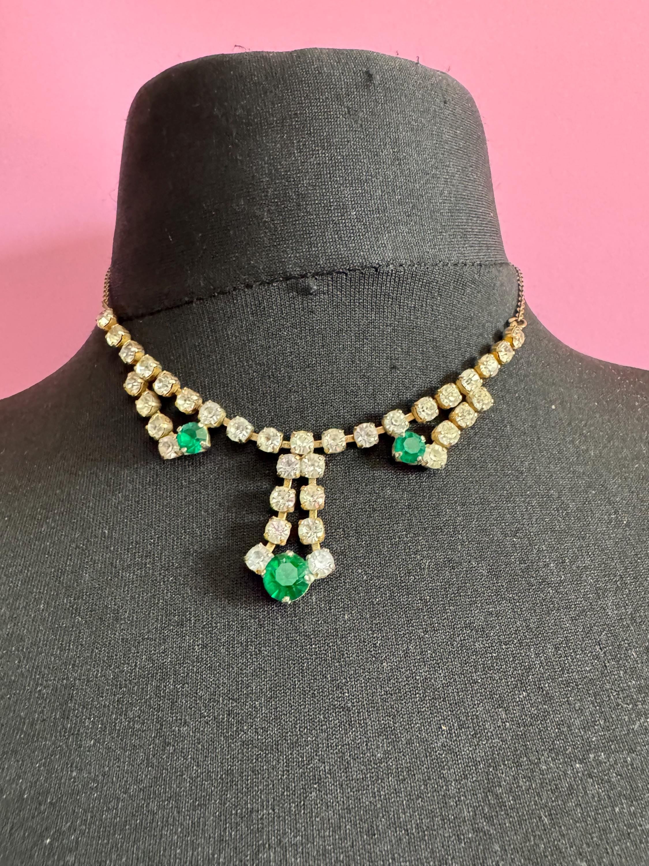 Emerald green diamanté crystal drop necklace, glass rhinestones, vintage