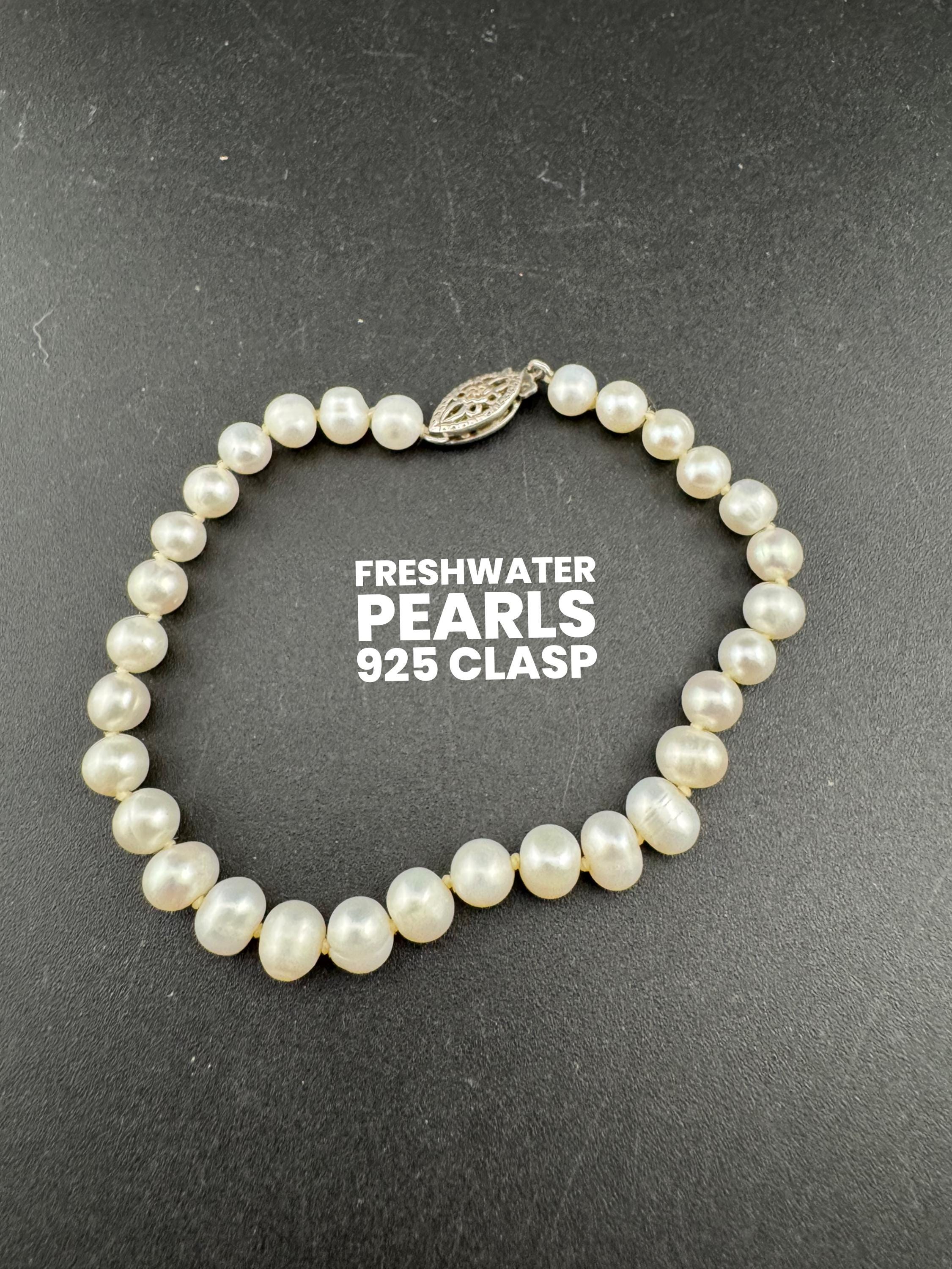 Vintage 925 sterling silver clasp modernist genuine cream freshwater pearl beaded bracelet 20cm