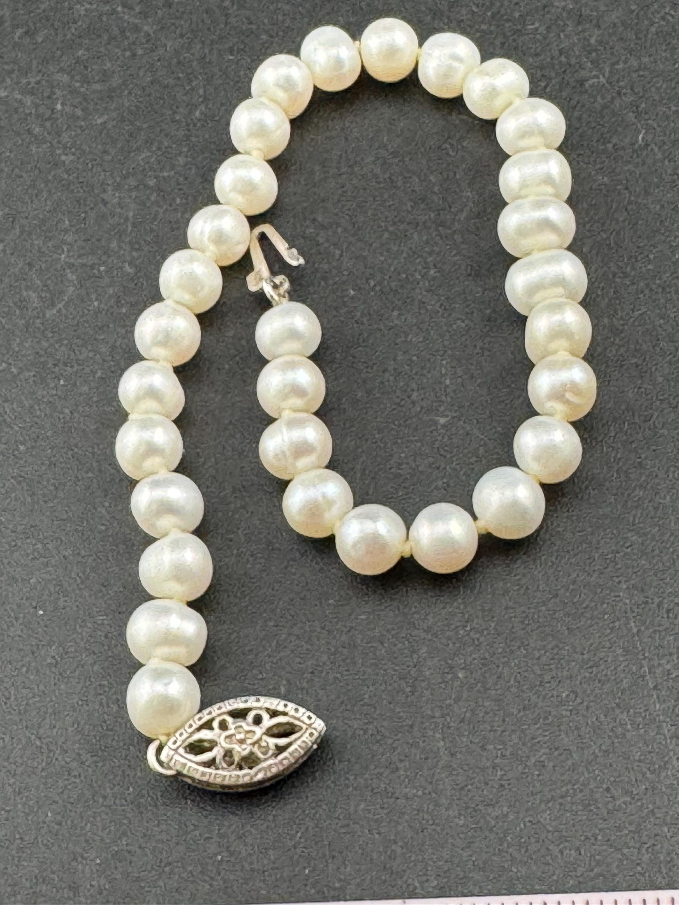 Vintage 925 sterling silver clasp modernist genuine cream freshwater pearl beaded bracelet 20cm