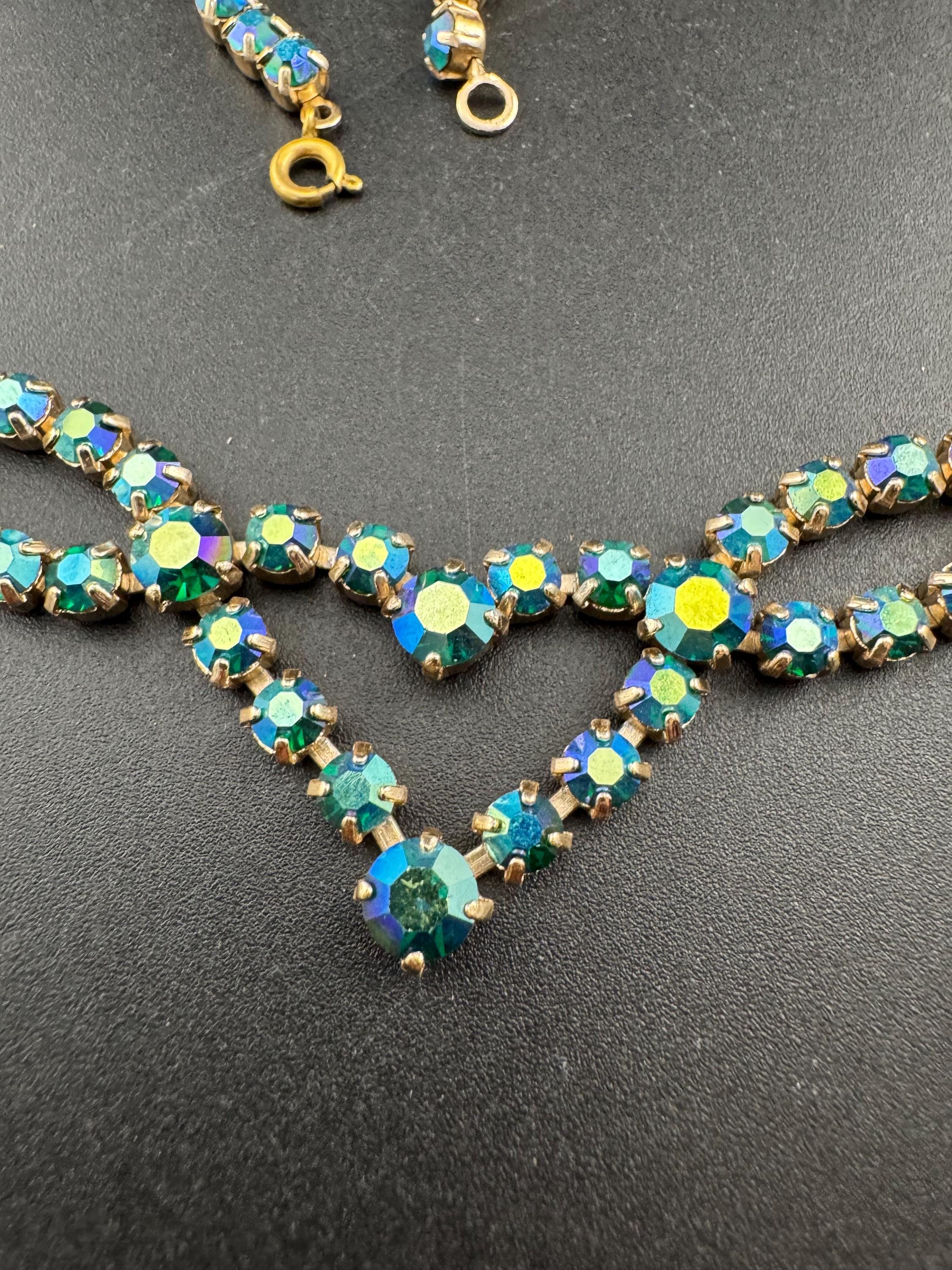 Petite fit 39cm blue green Aurora borealis diamanté crystal necklace, glass, vintage