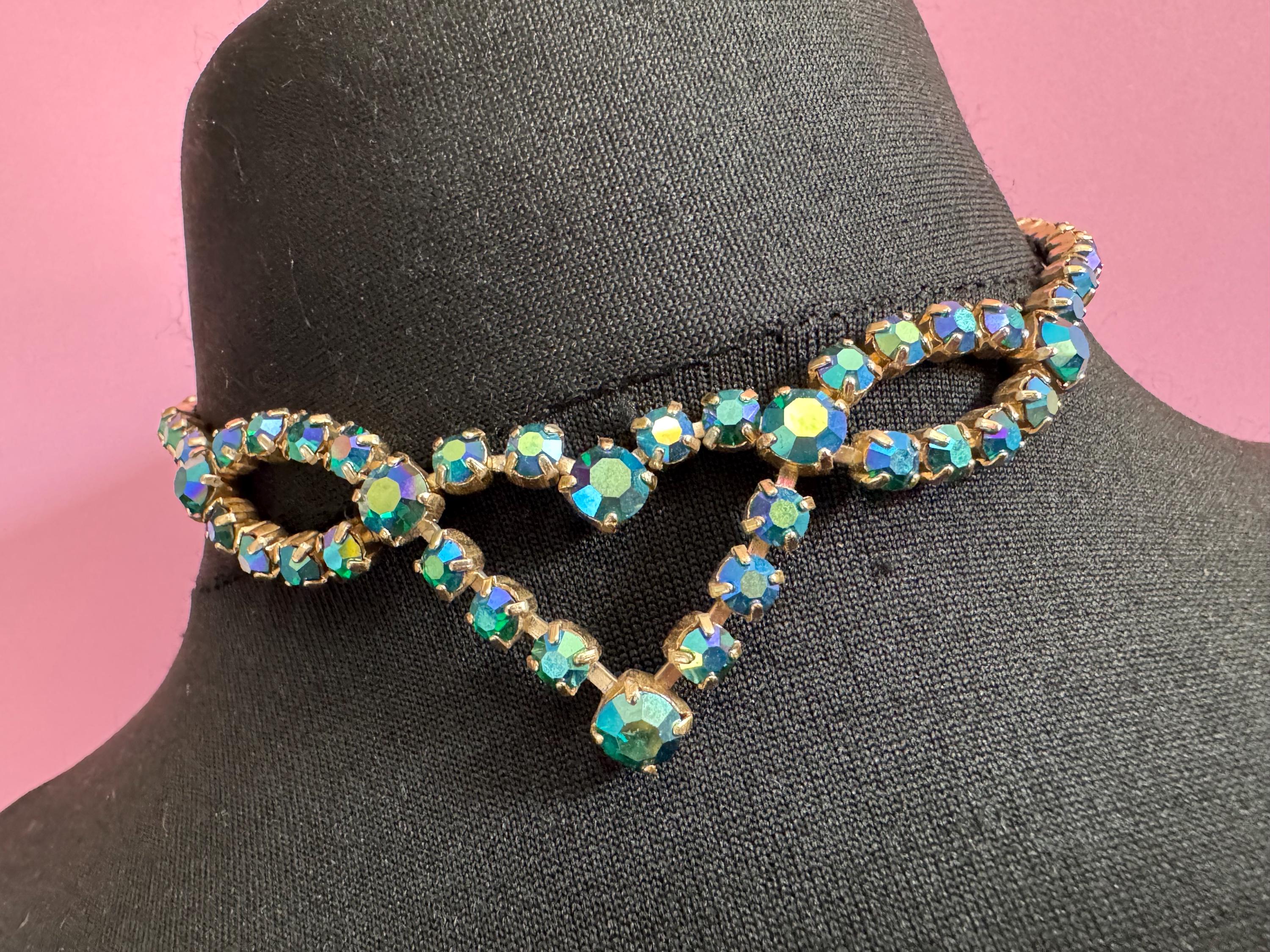 Petite fit 39cm blue green Aurora borealis diamanté crystal necklace, glass, vintage