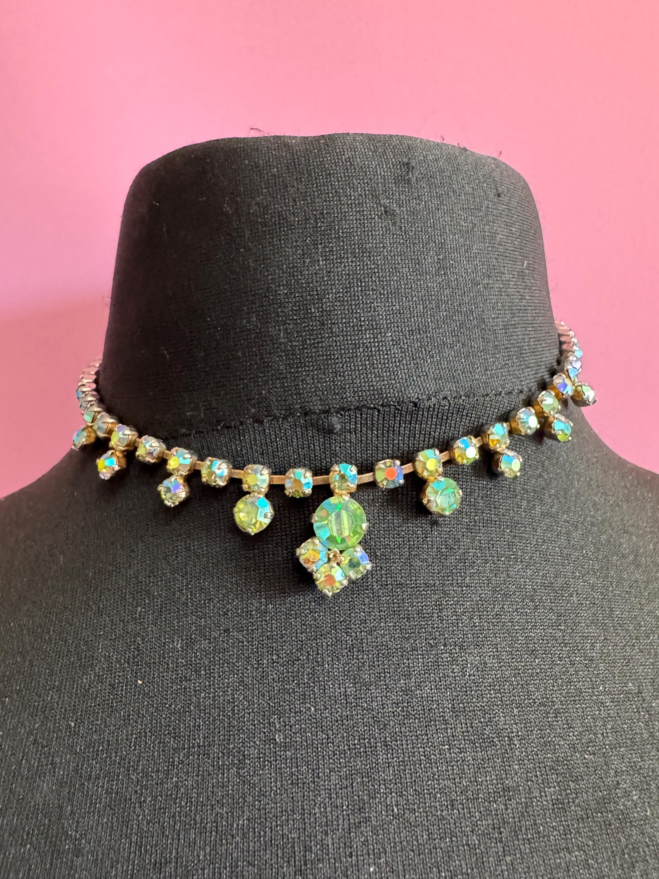 Uranium glass Petite fit 38.5 blue green Aurora borealis diamanté crystal necklace, glass, vintage