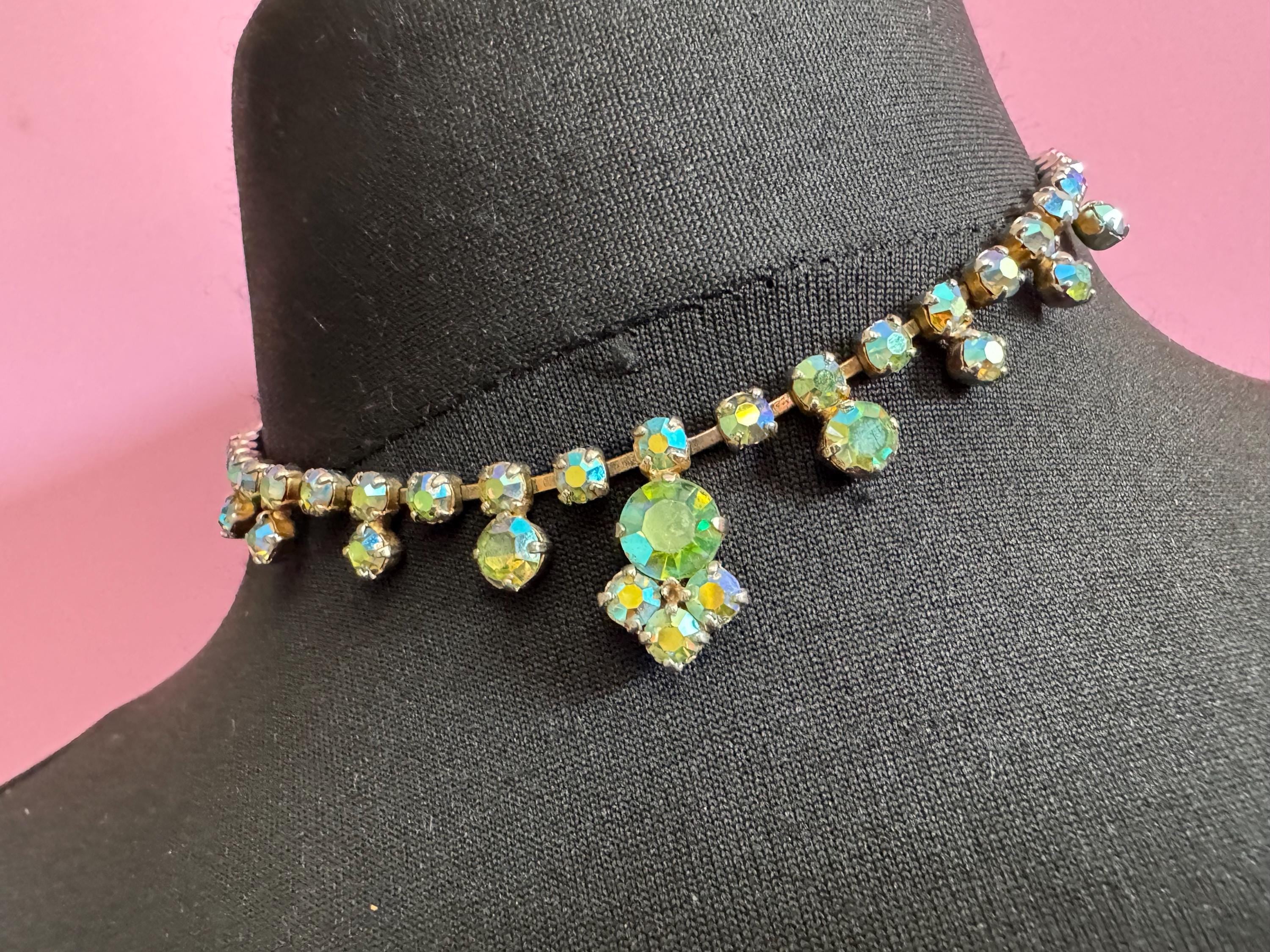 Uranium glass Petite fit 38.5 blue green Aurora borealis diamanté crystal necklace, glass, vintage