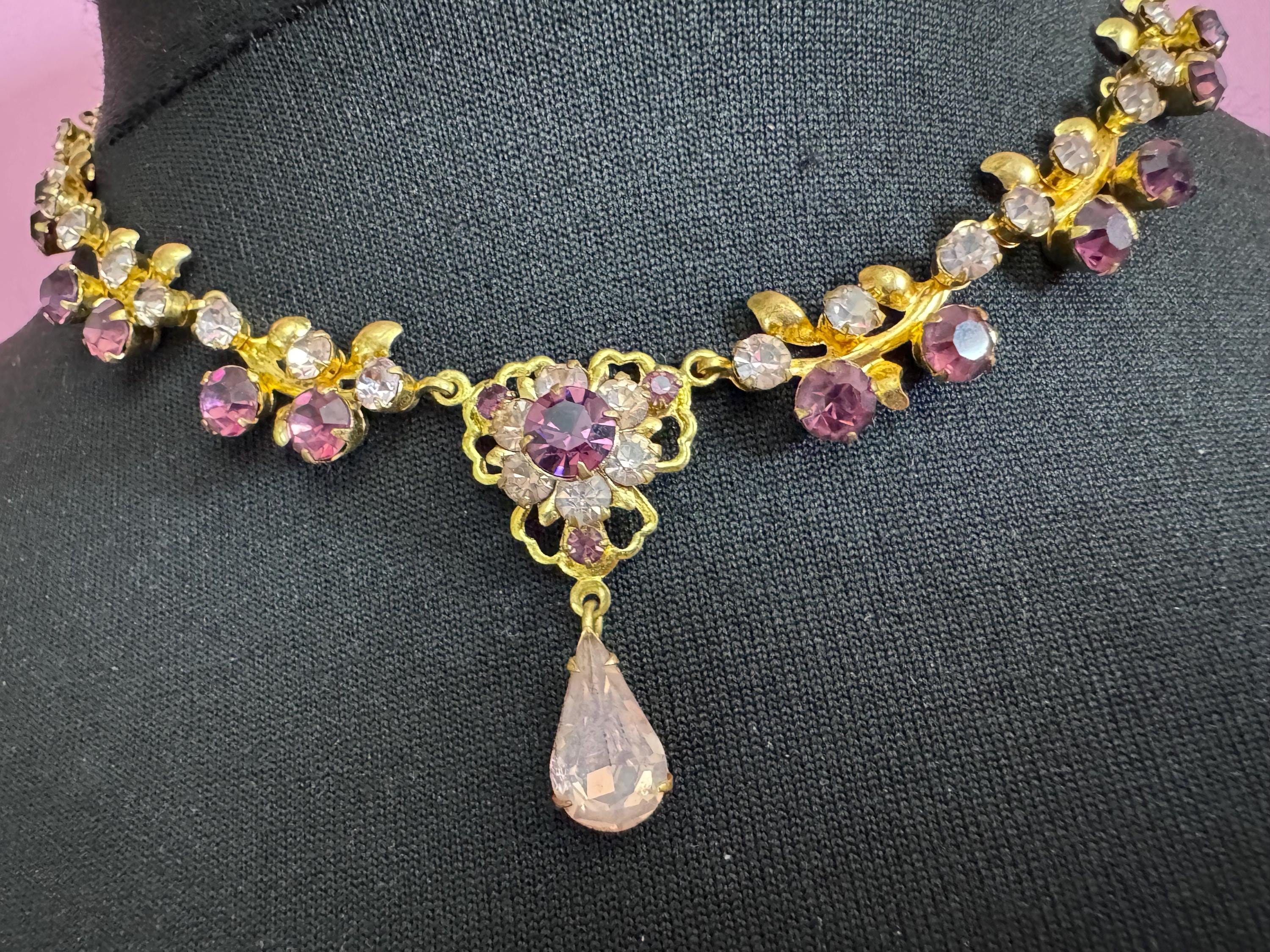 Purple diamanté crystal drop necklace, glass rhinestones, vintage