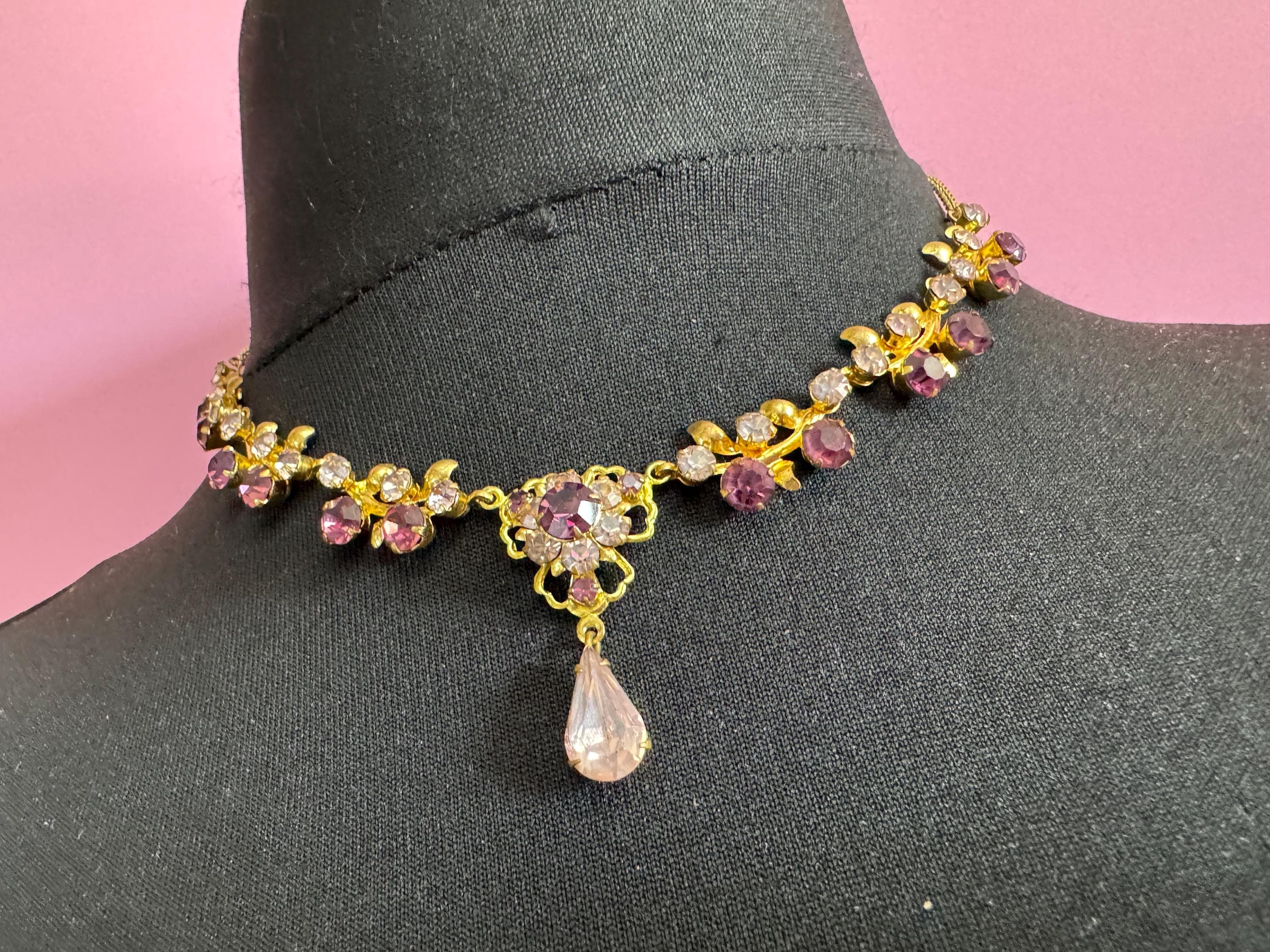 Purple diamanté crystal drop necklace, glass rhinestones, vintage